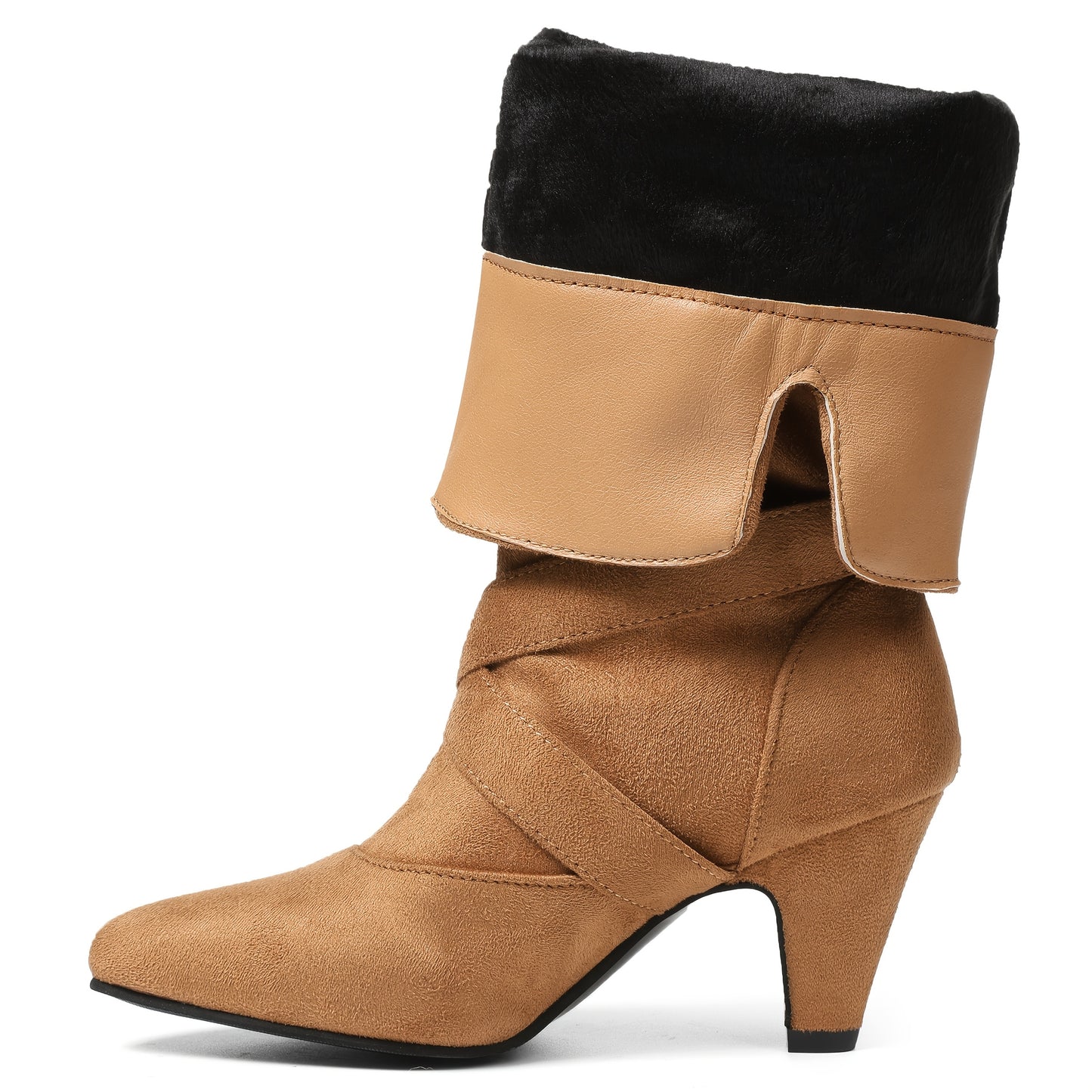 Women's Brown Retro Mid-Calf Boots - Thick High Heels, Pointed Toe, Buckle Straps, Stylish Pull-On for Party or Office, Suedelike