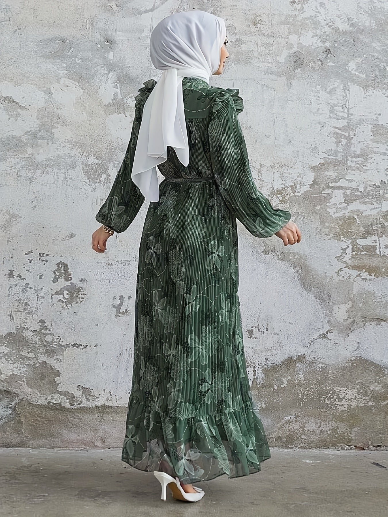 Stunning Floral Print Crew Neck Long Sleeve Abaya Dress - Elegant Ruffle Hem Maxi Length, Belted, Polyester, Machine Washable, Woven, Middle Eastern Style Womens Clothing for All Seasons