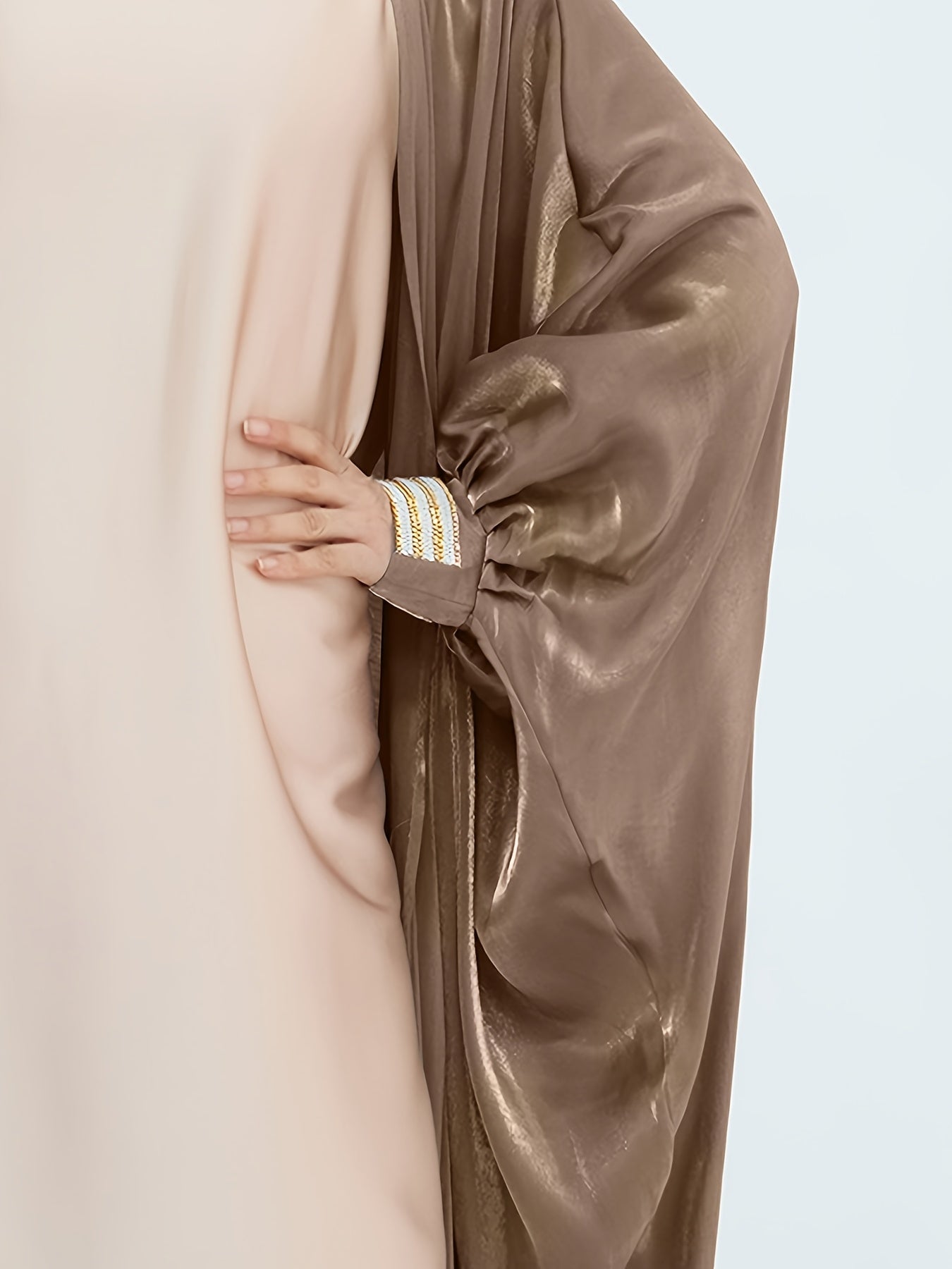 Women'S Reflective Golden & Gray Batwing Sleeve Long Tunic - Long Sleeve, Flowing Design, Perfect for Spring/Summer, Stylish Layering Piece, Summer Fashion | Flowing Tunic | Glossy Finish