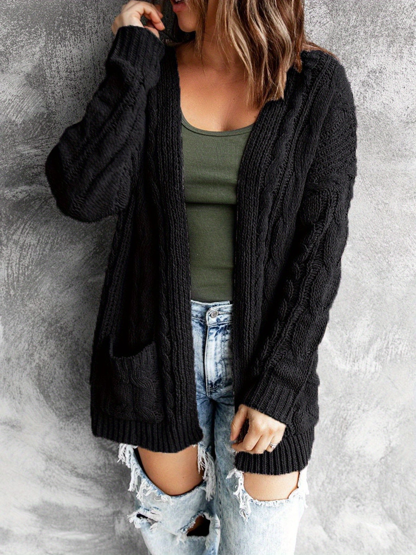 Women'S Elegant Cable Cardigan - Open Front Sweater with Side Pockets, Soft Sweater for Fall/Winter, Office, Party, Everyday Outfits - Women'S Sweater, Ladies Sweaters, Fall Wardrobe, Classic Knitwear, Cozy Material, Versatil