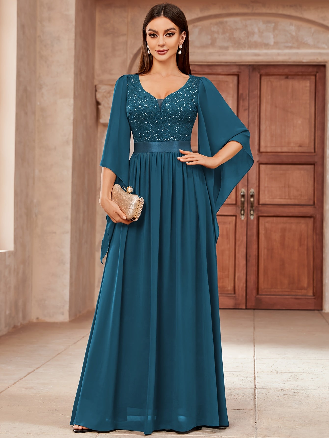Deep V-Neck Lace Gown – Fit & Flare Sequin Dress