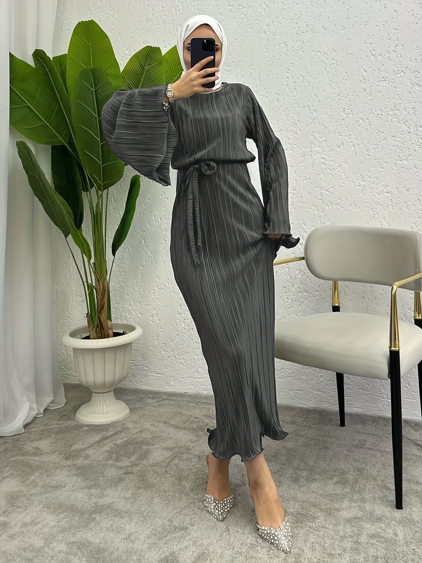 Solid Textured Belted Modest Dress, Elegant Flare Sleeve Simple Maxi Dress For Spring & Fall, Women's Clothing