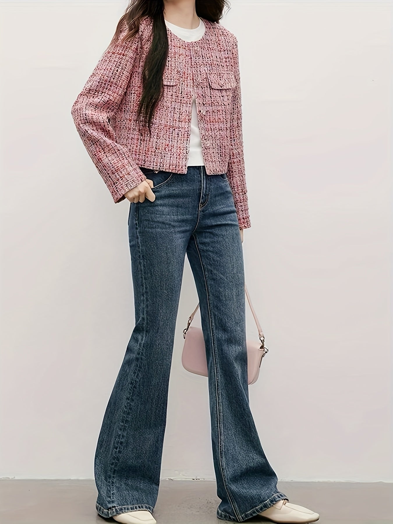 Women's Elegant Thickened Tweed Cardigan Jacket - Floral Pattern Plaid in Red, Pink, White & Brown, Loose Fit Short Length Long Sleeve Coat with Round Neck & Single-Breasted Button Front, All-Season Casual Outerwear for Every