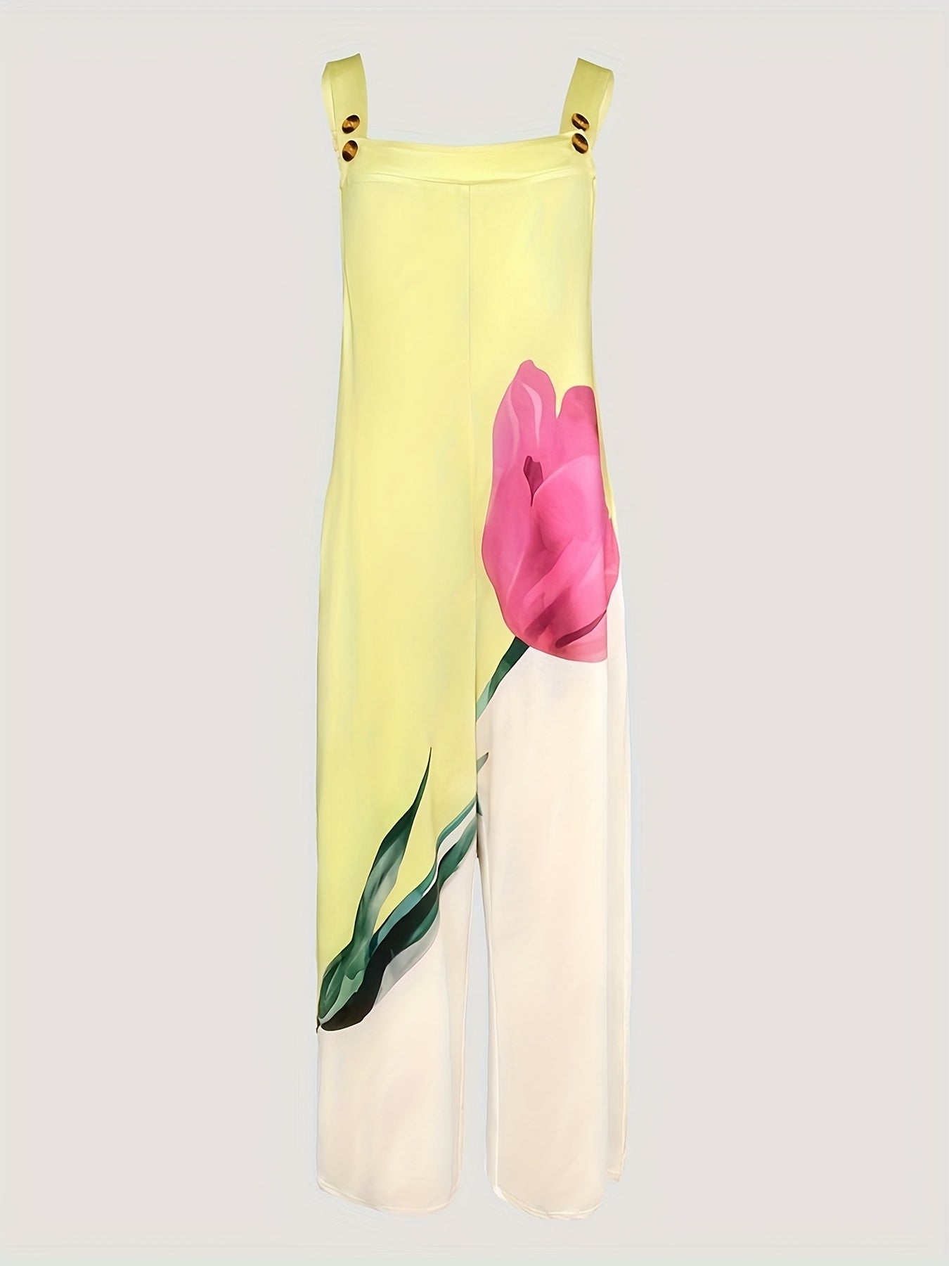 Women's Floral Print Sleeveless Jumpsuit - Thick Strap Ruched Design, Loose Fit Casual Romper with Pockets, H-Silhouette Long Length for Spring Summer Fall, Hand Wash Only, Seasonal Fashion, Flowy Material, Warm Weather Cloth