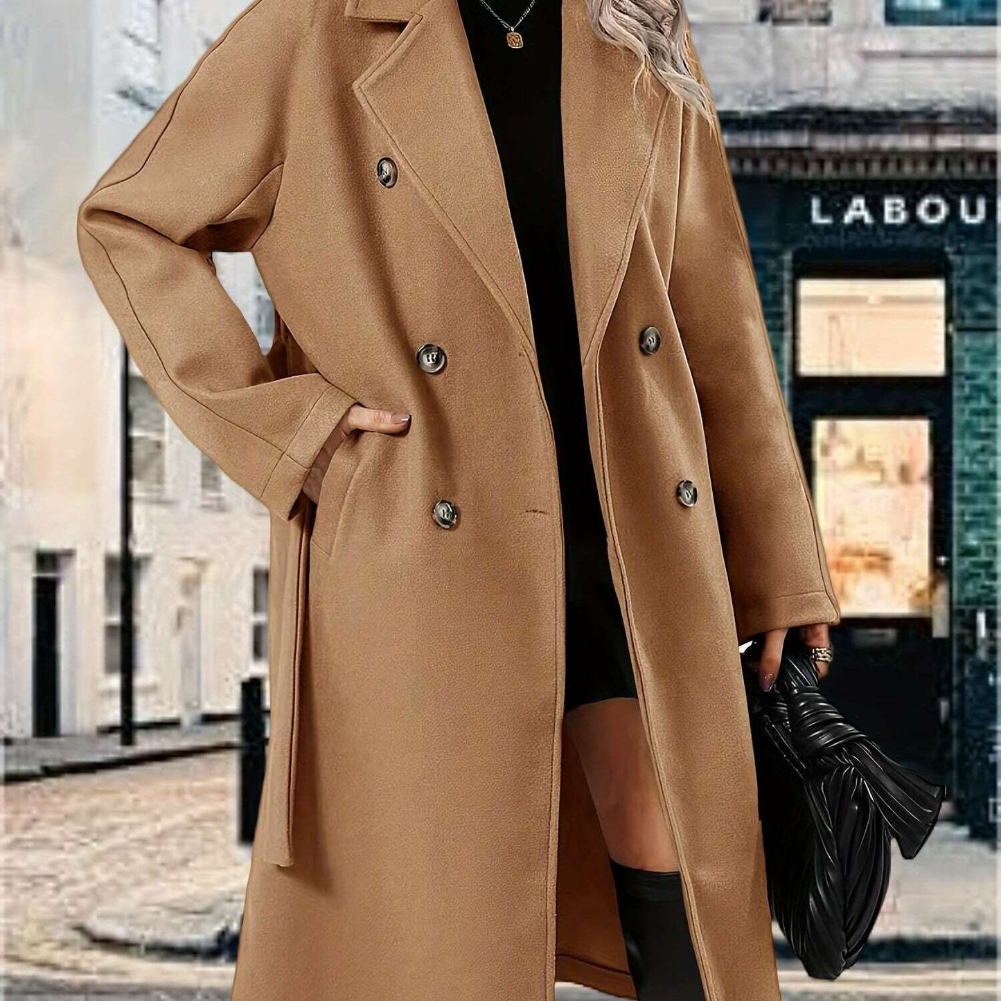 Women's Pea Coat with Lapel Collar and Belted Pockets