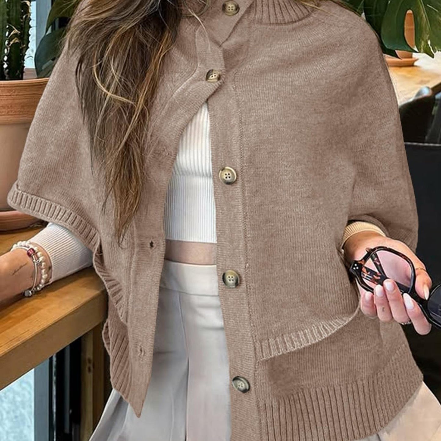 Women's Elegant Soft Pink Oversized Cape Cardigan - Fall Winter Sweater Coat with Button Front Closure, Long Sleeve Crew Neck & H-Line Silhouette, Medium Stretch for Casual to Formal Outfits