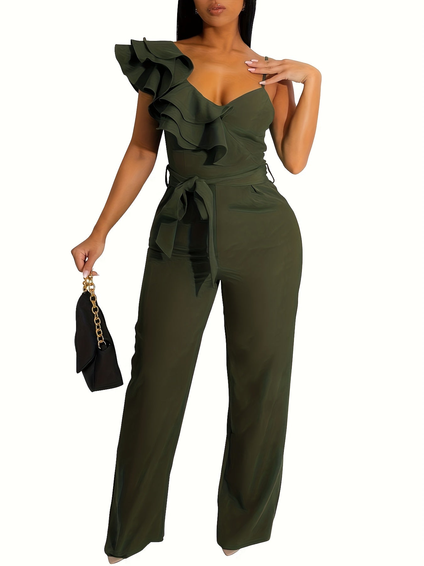 Womens Jumpsuits Ruffle Backless V-Neck Sleeveless Casual Belted Wide Leg Pant Romper Party Clubwear