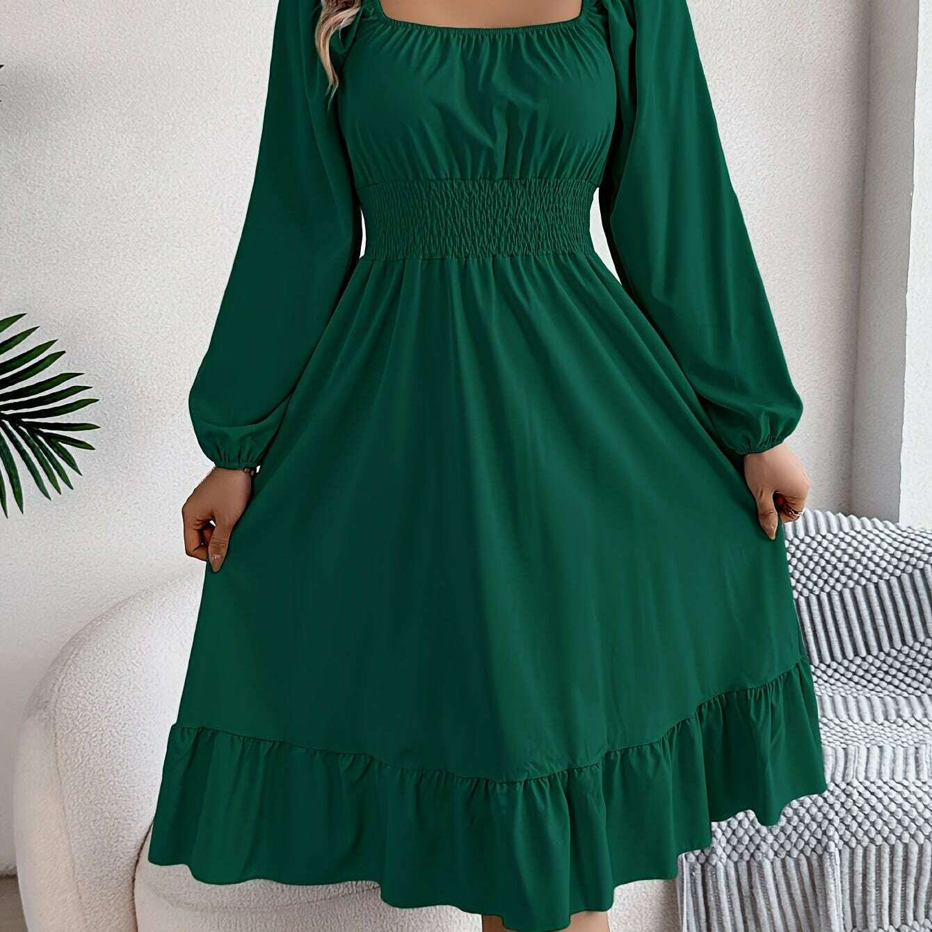 Ruffle Hem Lantern Sleeve A-line Dress, Elegant Solid Color Square Neck Backless Shirred Dress, Women's Clothing