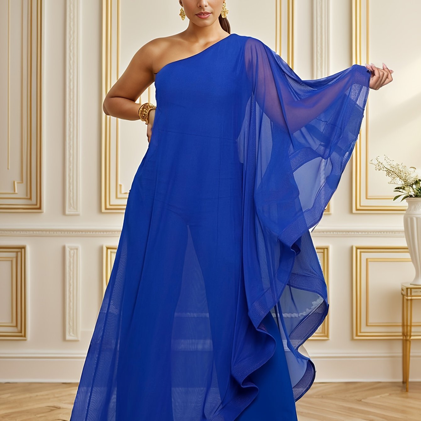 PORRCEY Sexy Single Shoulder Ruffled Sleeveless Solid Color Patchwork Elastic Jumpsuit