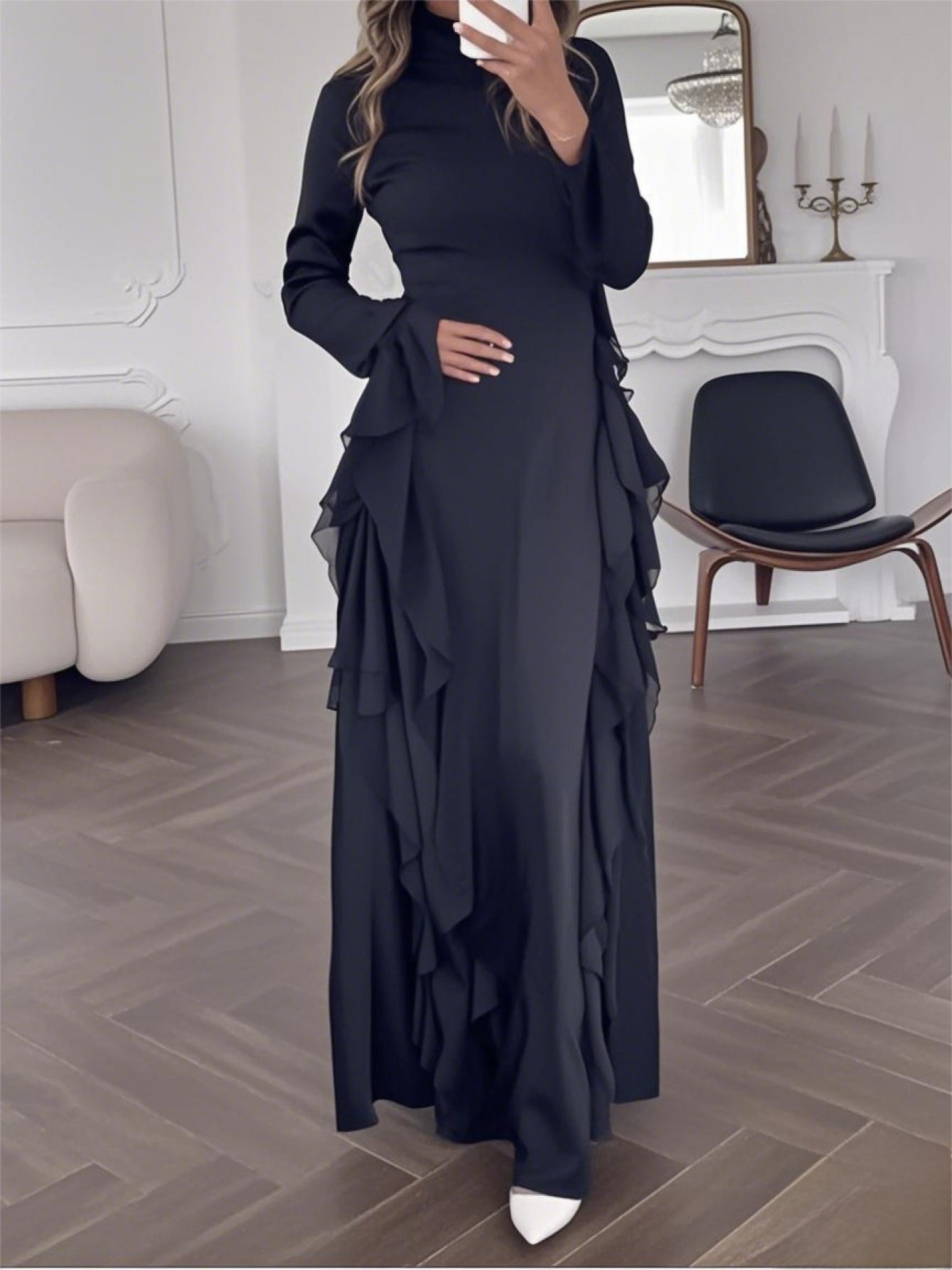 Elegant White Mock Neck Maxi Dress with Bell Sleeves & Ruffle Hem - Fitted Top & Flowy Skirt, Machine Washable Polyester, Non-Stretch, Versatile for Fall Events & All-Season Wear, Formal Event Attire, Nonstretch Material