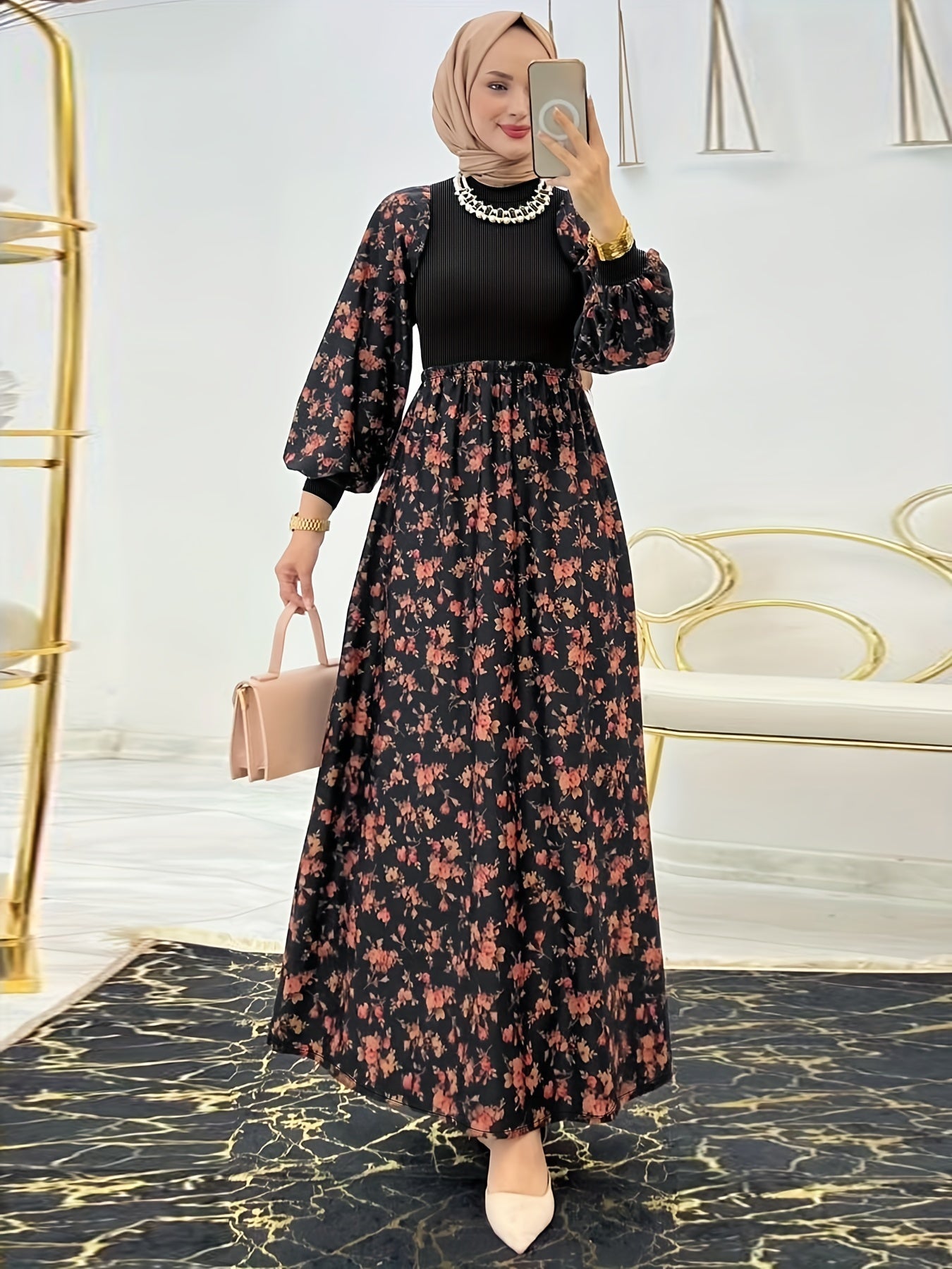 Women's Middle Eastern-Inspired Floral Print Maxi Dress - Polyester-Spandex Blend, Machine Washable, All-Season Versatile Wear, Elegant Casual to Formal Occasion Dress