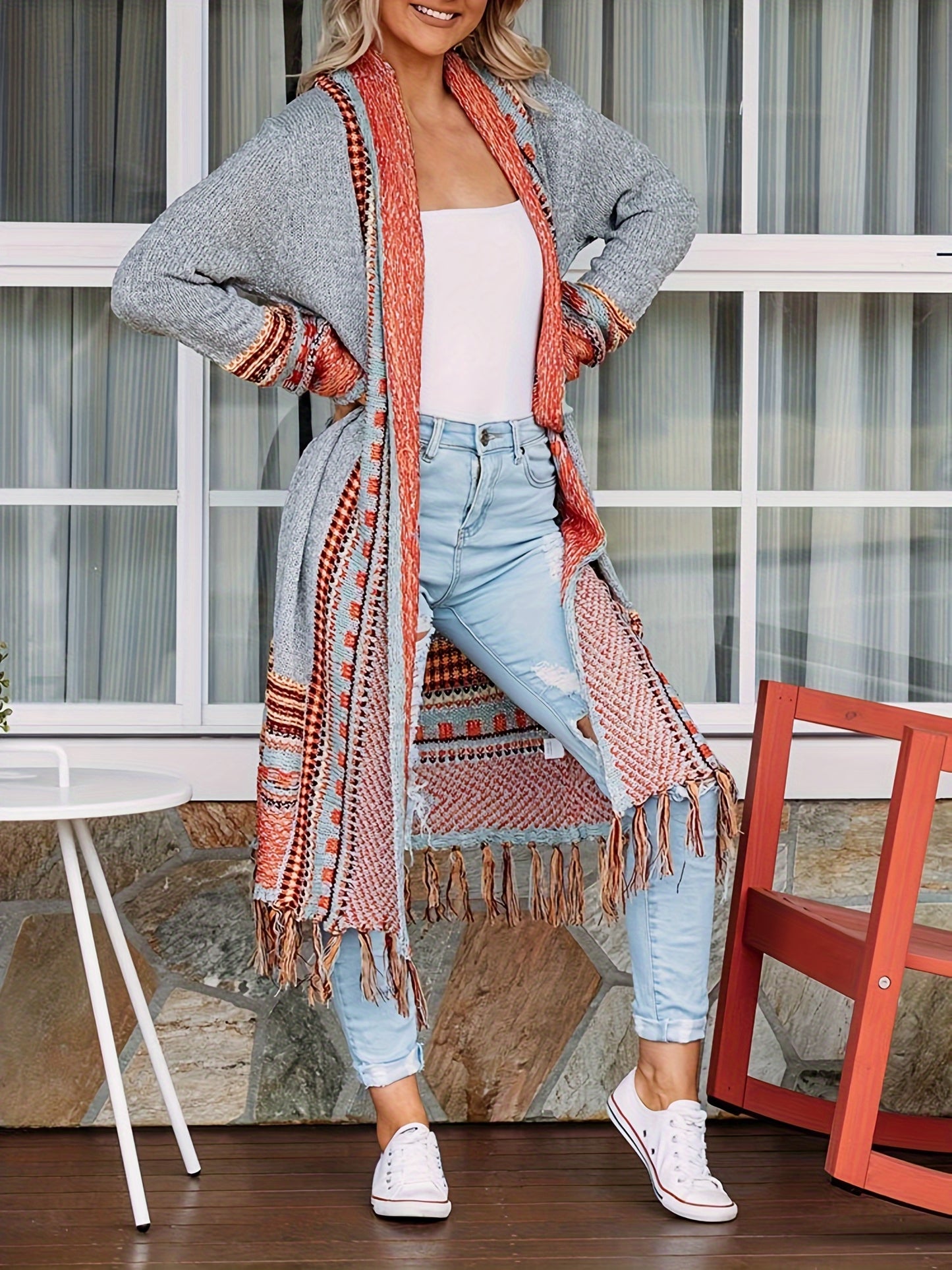 Women Boho Cardigan Sweater Long Open Front Maxi Knit Sweaters Aztec Tribal Tassel Fringe Thin Coat