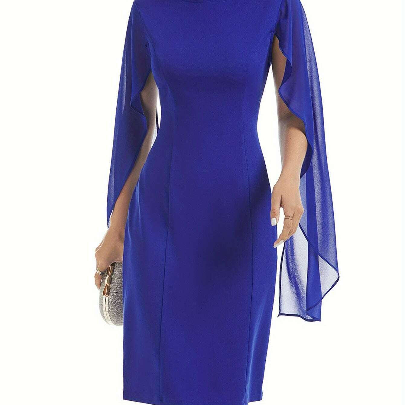 Elegant Midi Bodycon Dress with Cape Sleeves and Slit Hem - D&M Boutique