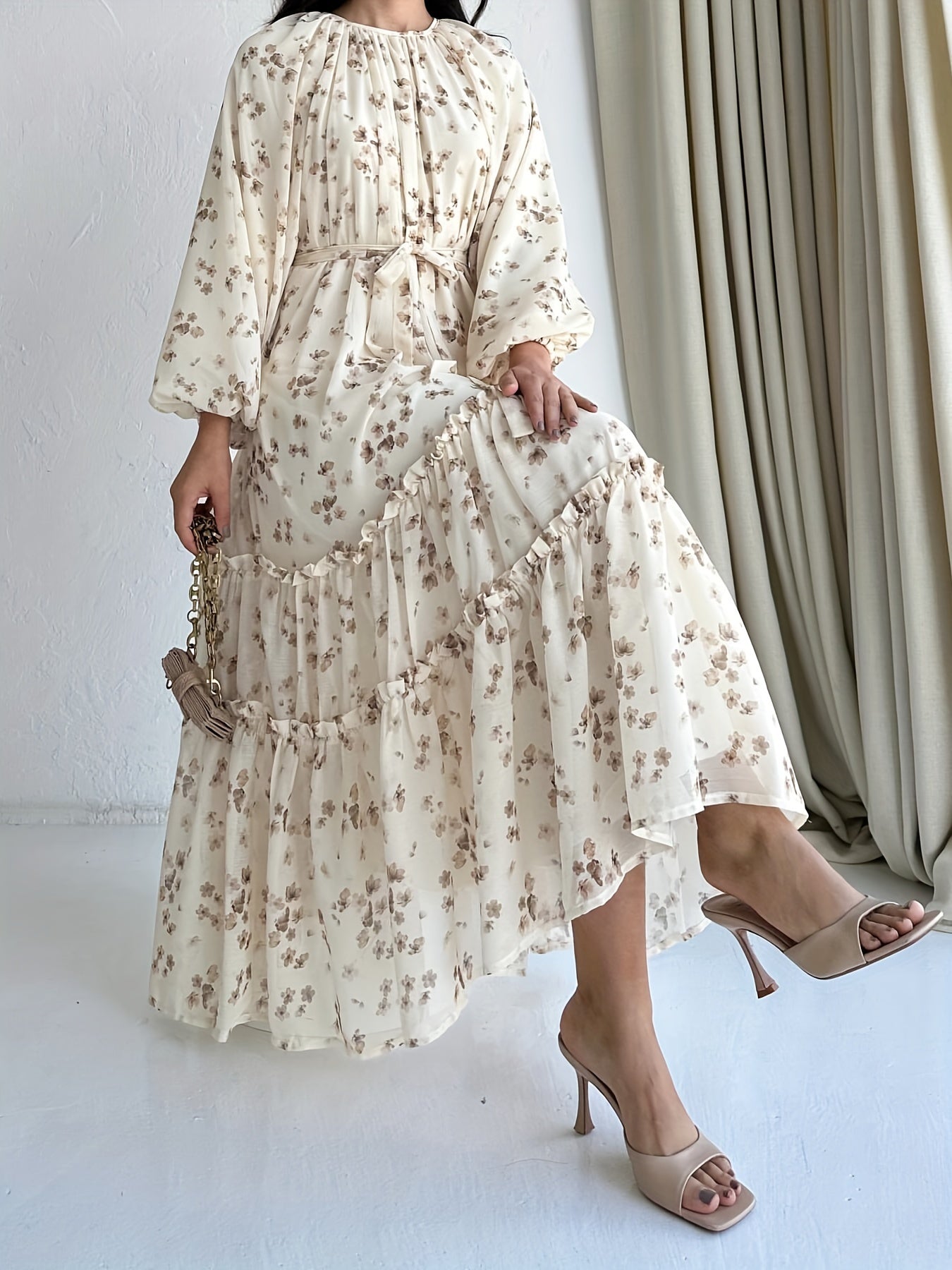 Stunning Floral Print Crew Neck A-Line Dress - Elegant Long Sleeve, Tiered Hem, Comfortable Fit, Versatile Occasion Wear - Womens Clothing for Everyday Elegance