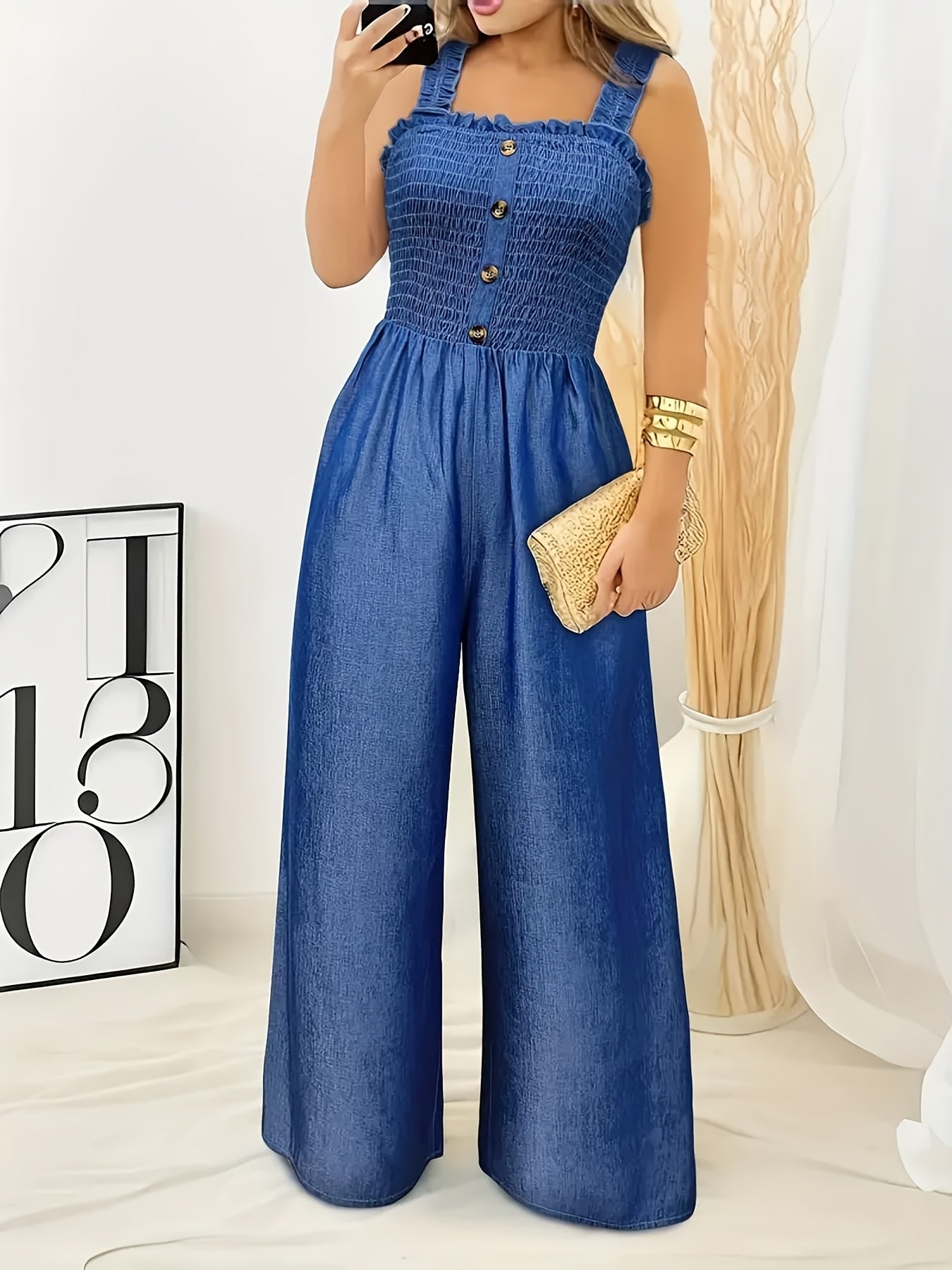 Women's One-piece Overalls Romper Smocked Front Wide Pants Jumpsuit