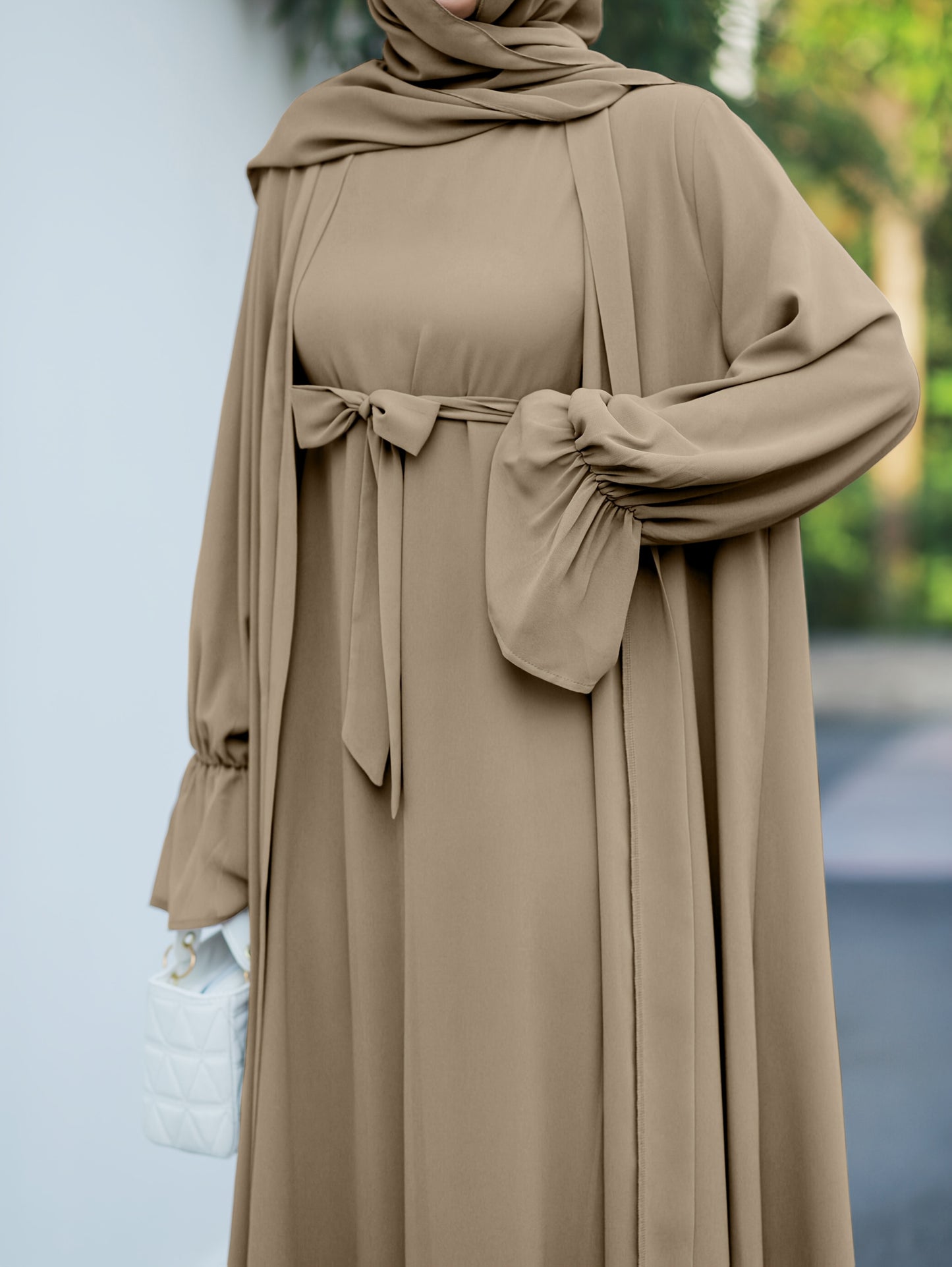 Middle Eastern Muslim Elegant Chiffon Abaya Set with Vest and Belted Outer Wrap