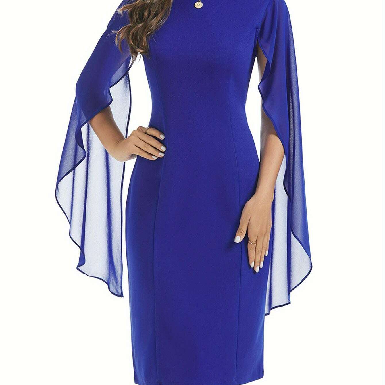 Elegant Midi Bodycon Dress with Cape Sleeves and Slit Hem - D&M Boutique