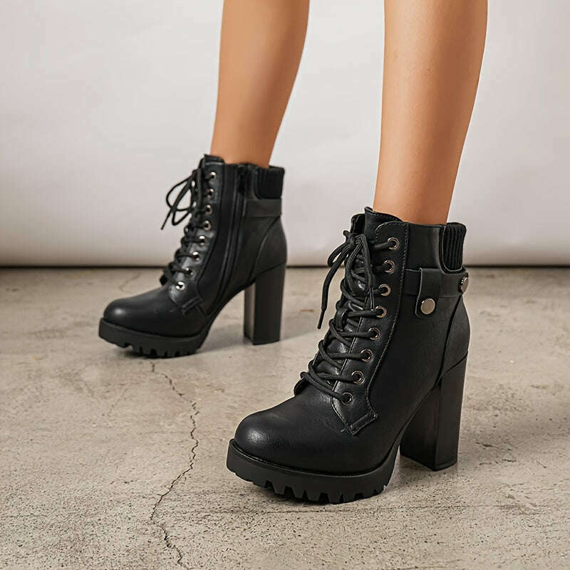 Women's Lace Up Combat Ankle Boots, High Chunky Heel Fashion Heeled Booties Shoes