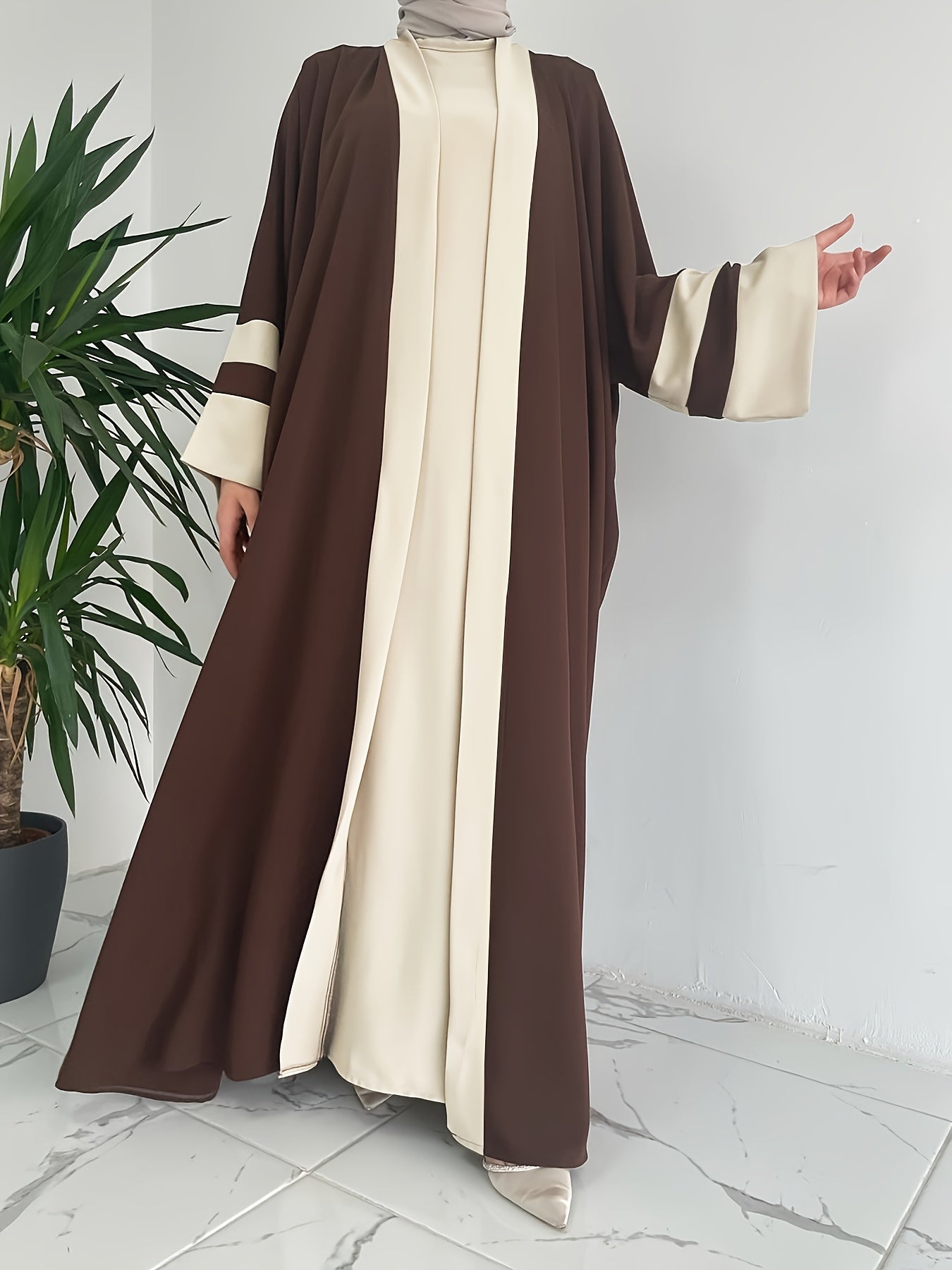 Women'S Middle Eastern Muslim Minimalist Solid Color Long Sleeveless Vest Dress + Contrast Color Long Cardigan Jacket Casual Fashion Party Vacation Versatile Two-Piece Set, Elegant Style, All-Season Wear, Modest Apparel, Eleg