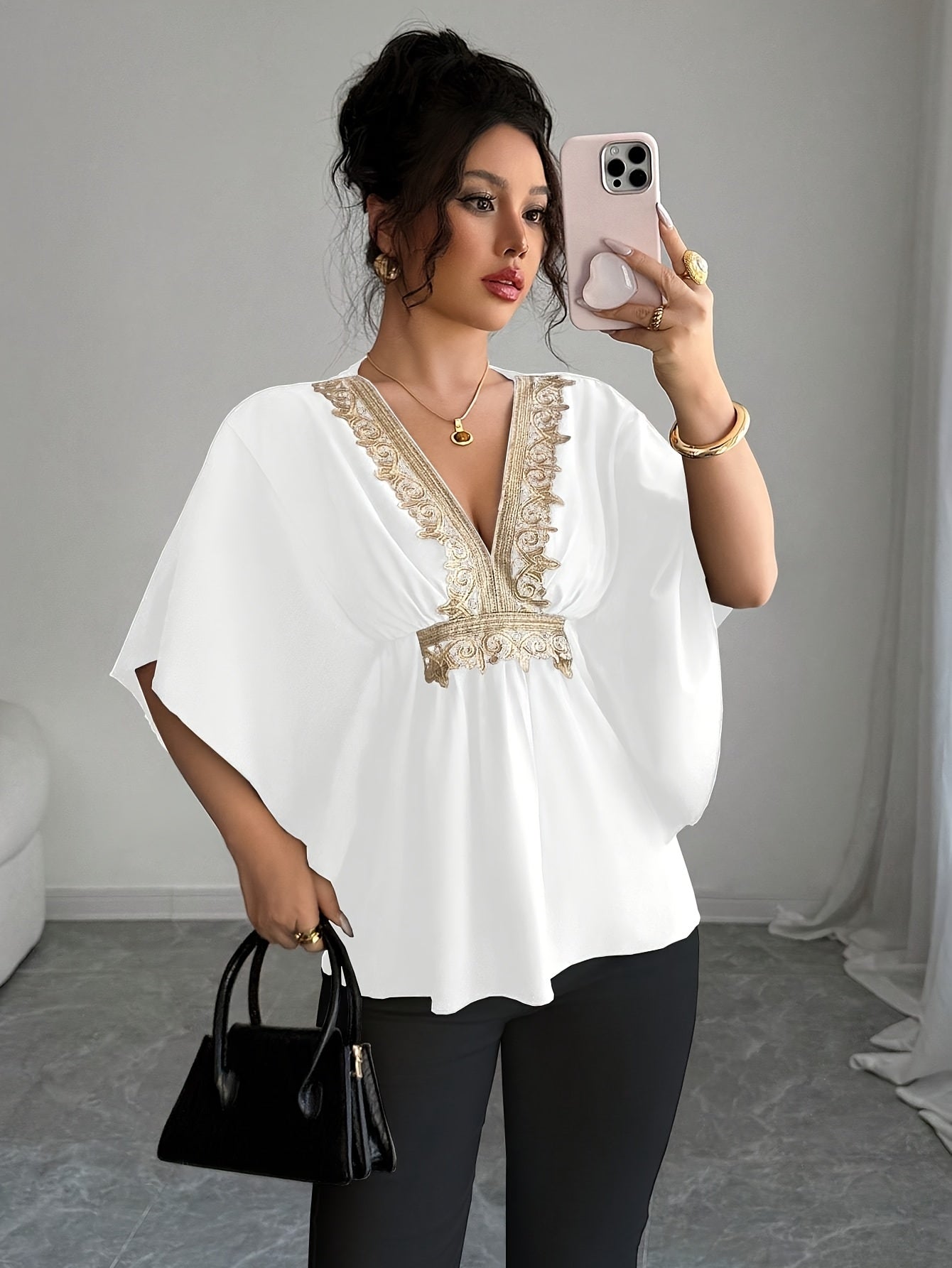 Elegant Women'S Lace Embellished Batwing Sleeve Blouse - V-Neck, Ruffle Trim, Solid Color, Cap Sleeve, Regular Length, Spring/Summer/Fall Fashion Top, Spring Summer Fashion | Vneck Blouse | Ruffle Detailing, Ladies Blouses