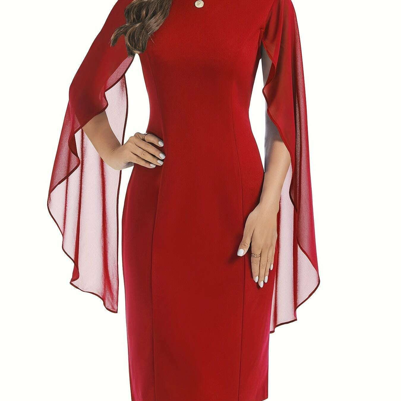 Elegant Midi Bodycon Dress with Cape Sleeves and Slit Hem - D&M Boutique