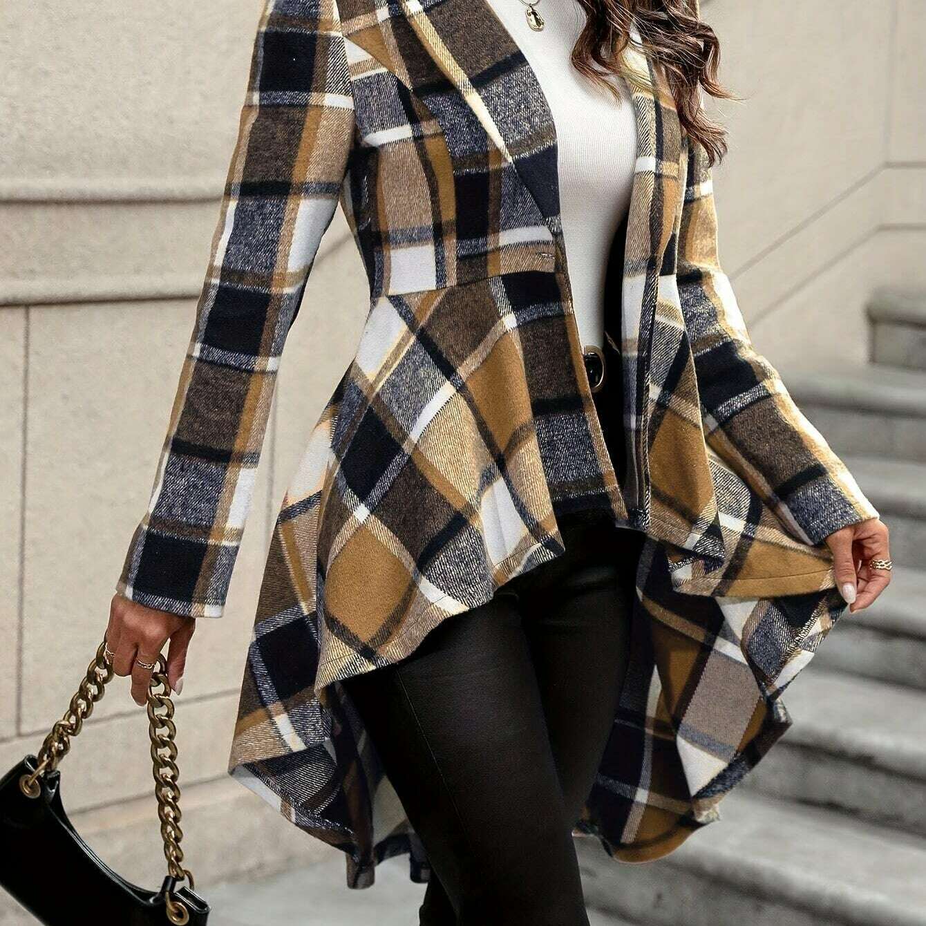 Stylish Plaid Flare Jacket with High-Low Hem for Women