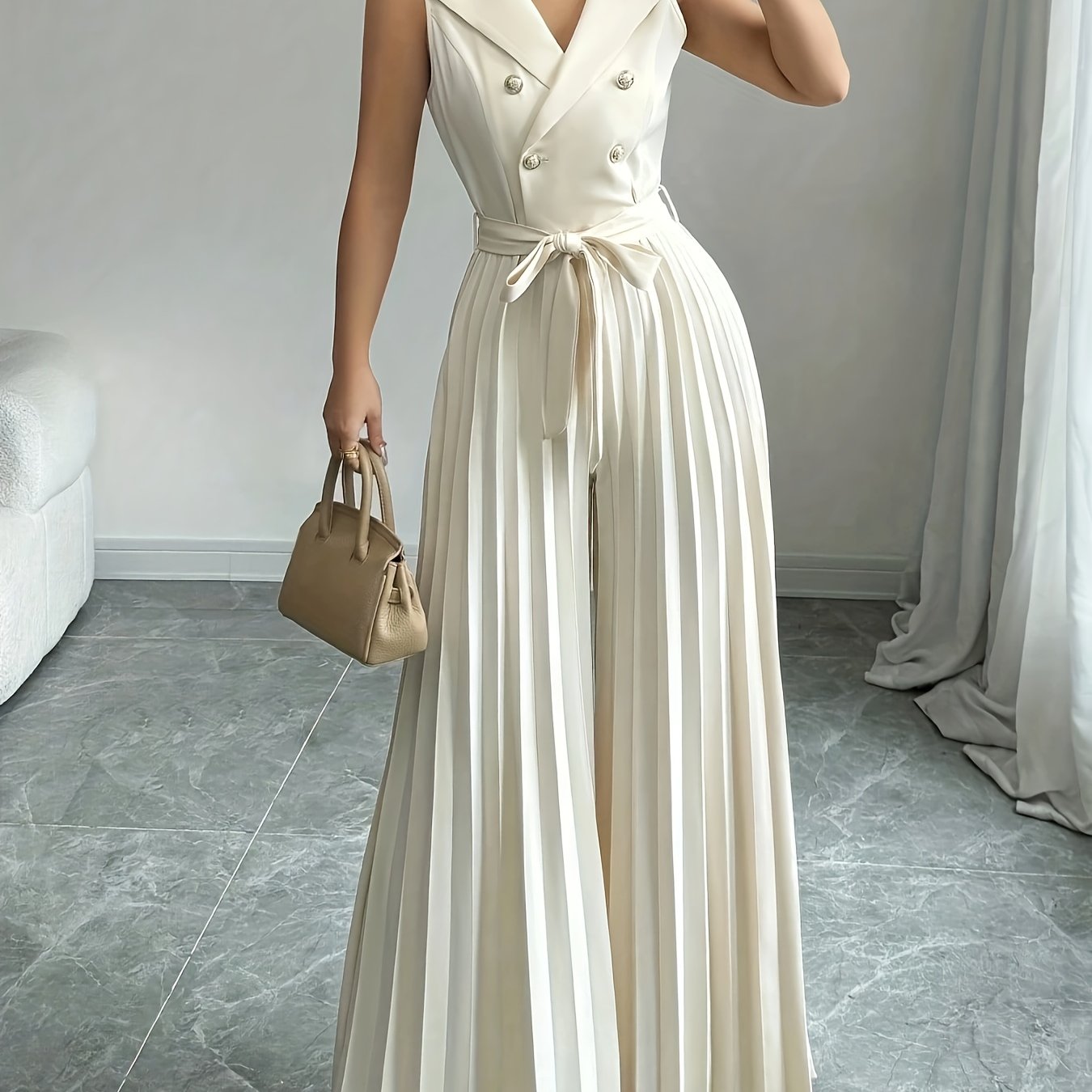 Women'S Elegant Double-Breasted Jumpsuit - Beige/Neutral Tones, Structured Formal & Casual Outfit with Belted Waist, Office Party Wedding Attire for Spring/Fall Seasons, Spring Fashion, Classic Silhouette, Polished Finish, Ve