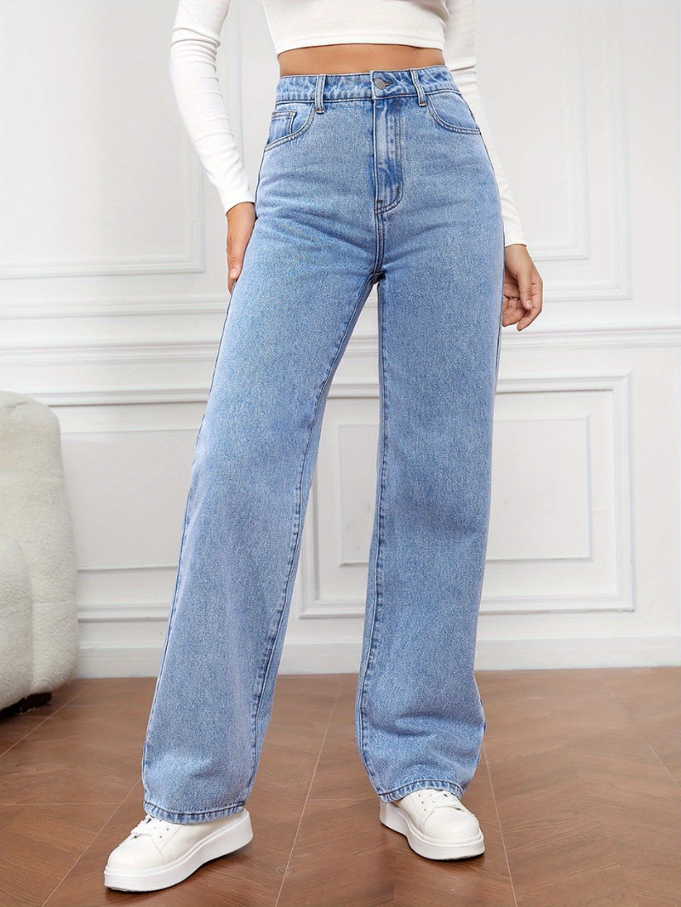 Women's High Waist Stretchy Jeans - Non-See-Through Washed Denim Pants with Straight Leg Fit, Stretchy Fabric for Everyday & Formal Outfits - Machine Washable All-Season Women's Pants, Street Style, Sleek Silhouette, Comforta