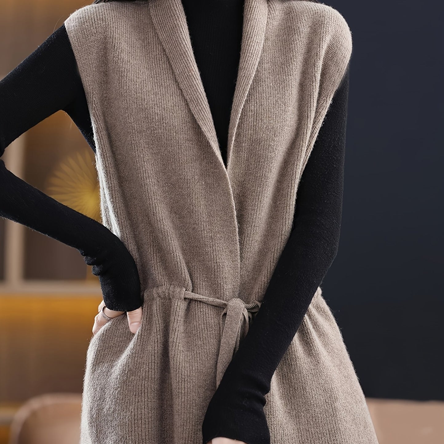 Women's Casual V-Neck Cardigan – Longline Open Front Vest with Adjustable Drawstring