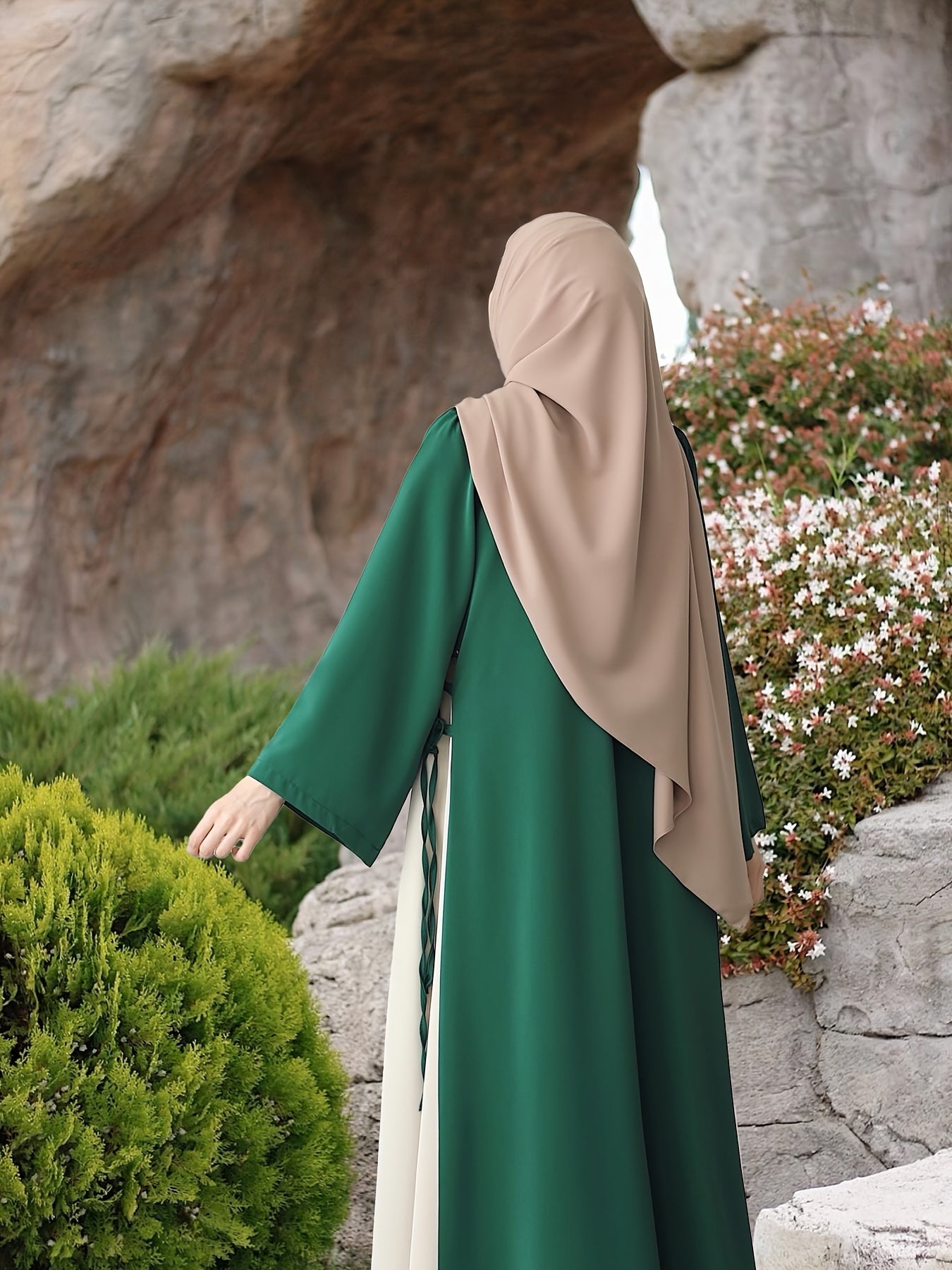 1pc Muslim Abaya Dress Long Sleeve Loose Fit A-Line with Black & White Color-Blocking & Orange Accents - Middle Eastern Elegance Adjustable Side Drawstring for Prayer, Casual, All-Season Wear (No Headscarf Included), Muslim D