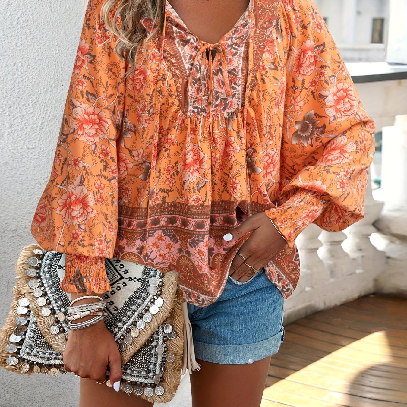 Floral Print V Neck Blouse, Casual Drawstring Long Sleeve Blouse For Spring & Fall, Women'S Clothing
