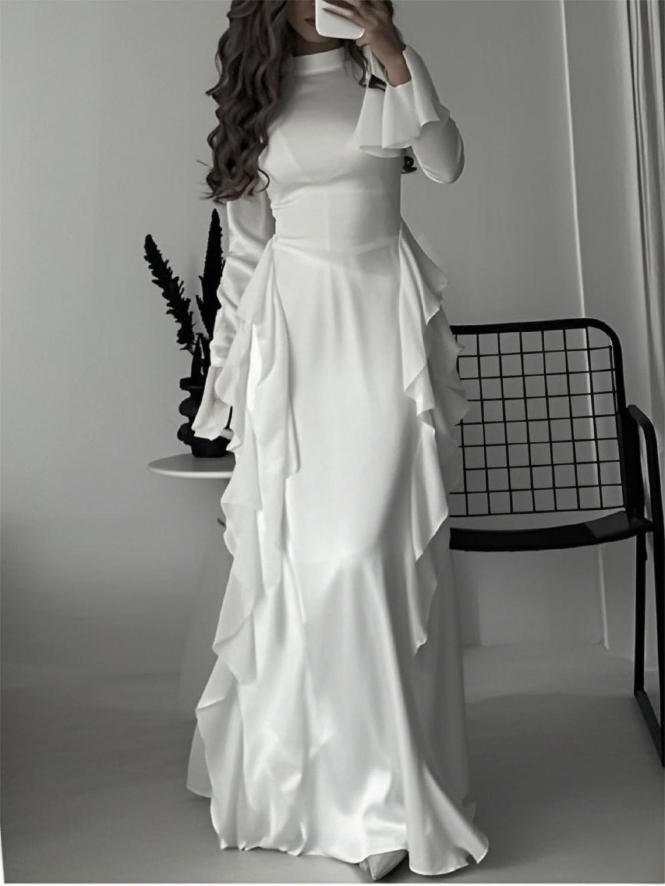 Elegant White Mock Neck Maxi Dress with Bell Sleeves & Ruffle Hem - Fitted Top & Flowy Skirt, Machine Washable Polyester, Non-Stretch, Versatile for Fall Events & All-Season Wear, Formal Event Attire, Nonstretch Material