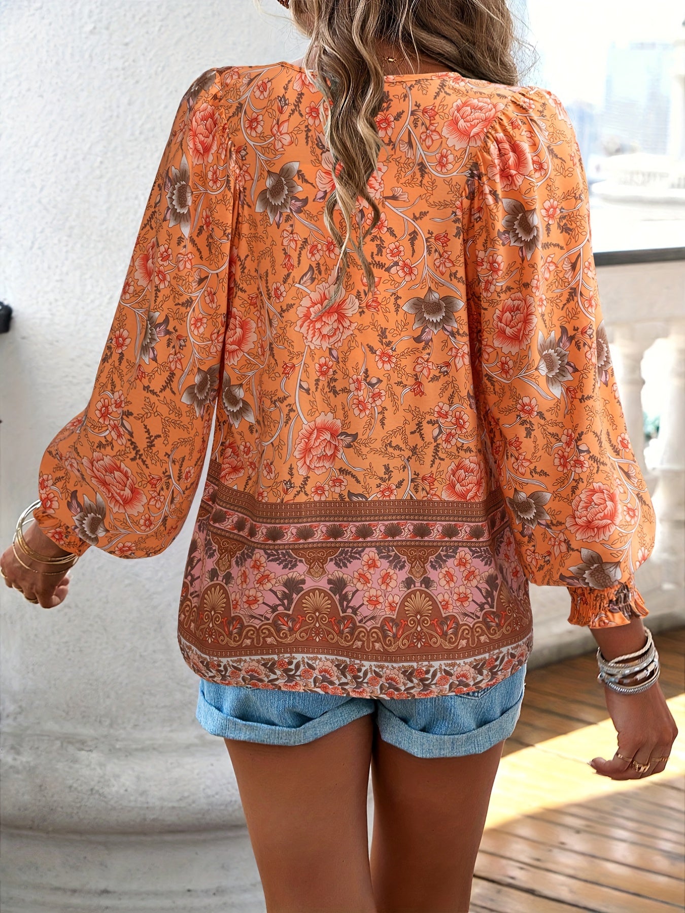 Floral Print V Neck Blouse, Casual Drawstring Long Sleeve Blouse For Spring & Fall, Women'S Clothing