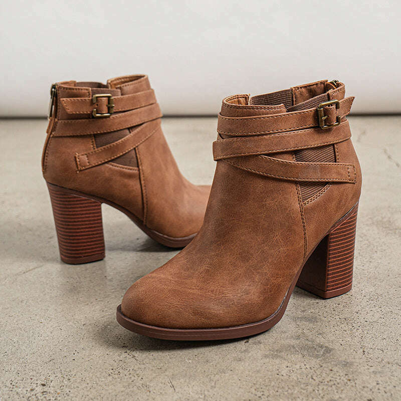 Women's Chunky High Heel Ankle Boots Close Toe Fall Heeled Booties Shoes, Autumn Winter Boots, fit spring, summer, autumn and winter