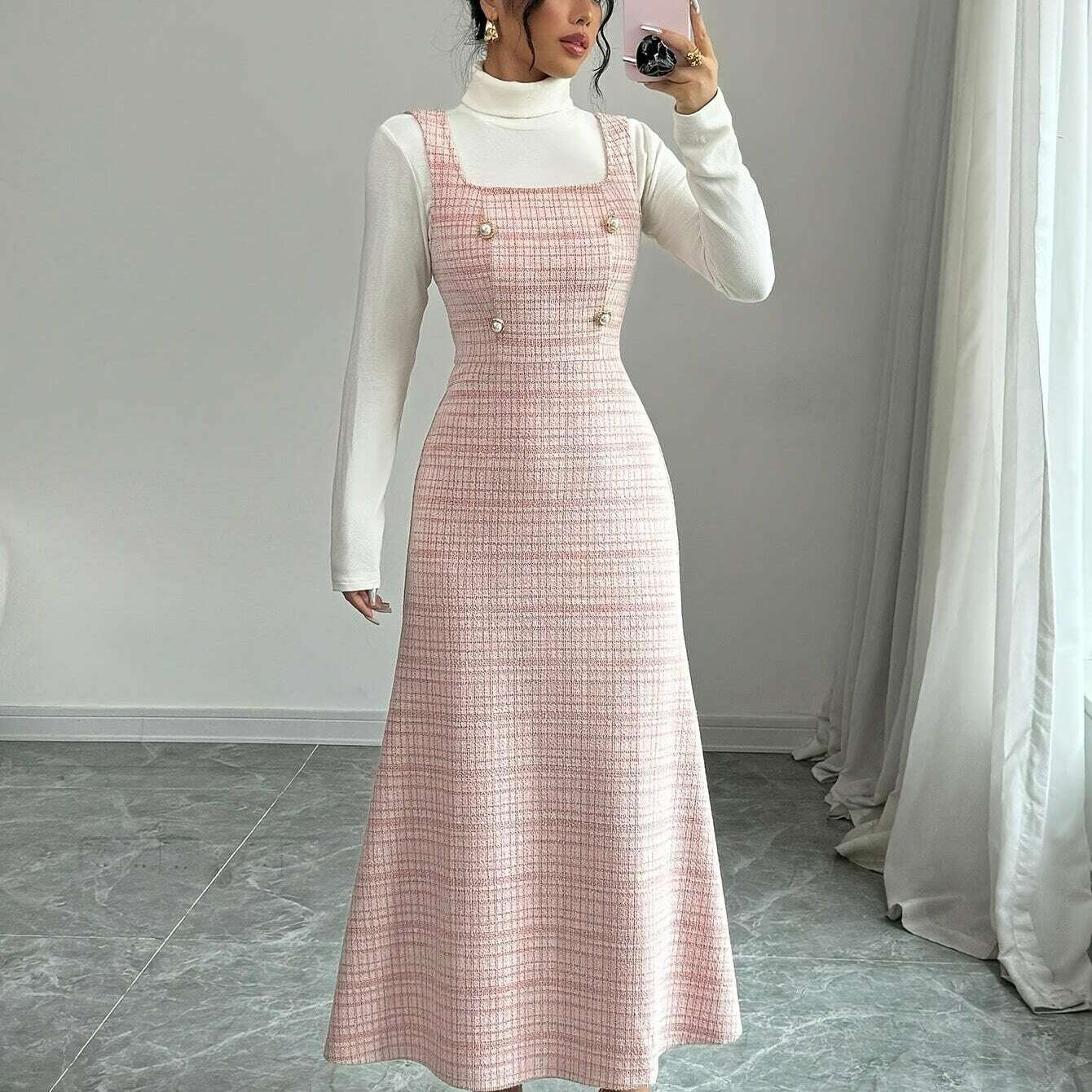 Polyester Blend Tartan Knit Dress