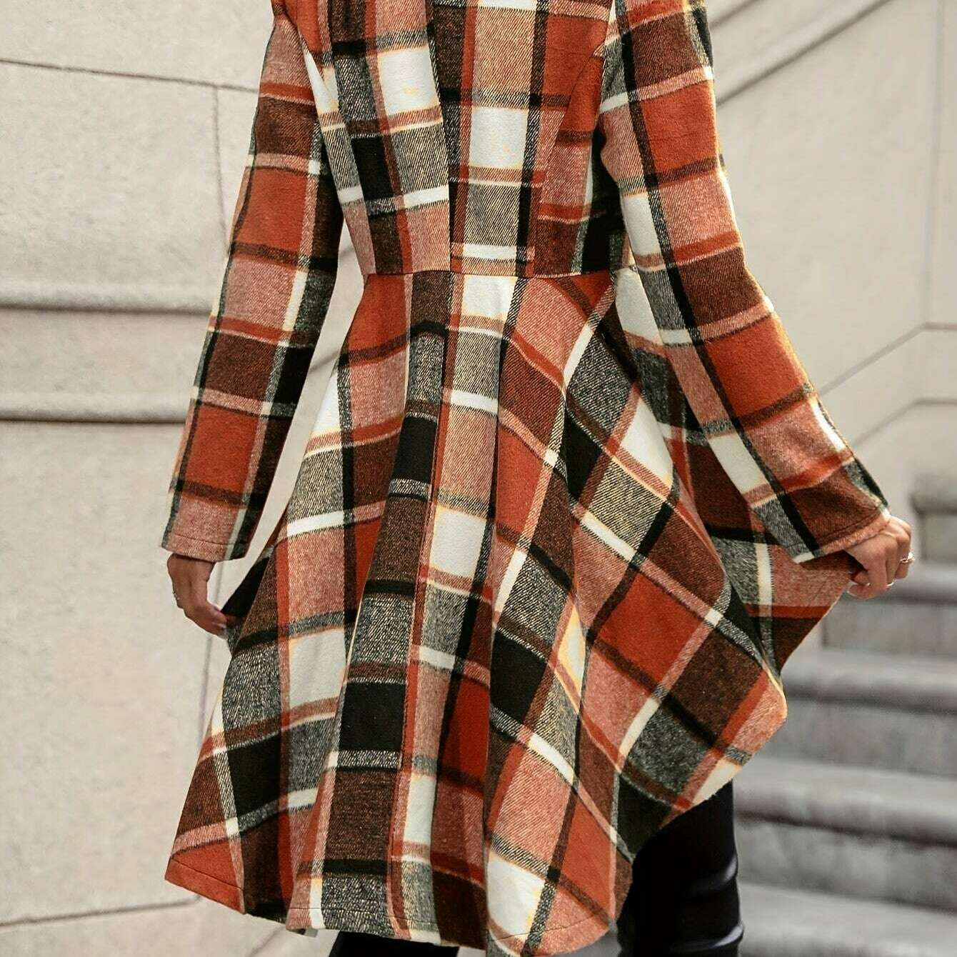 Stylish Plaid Flare Jacket with High-Low Hem for Women