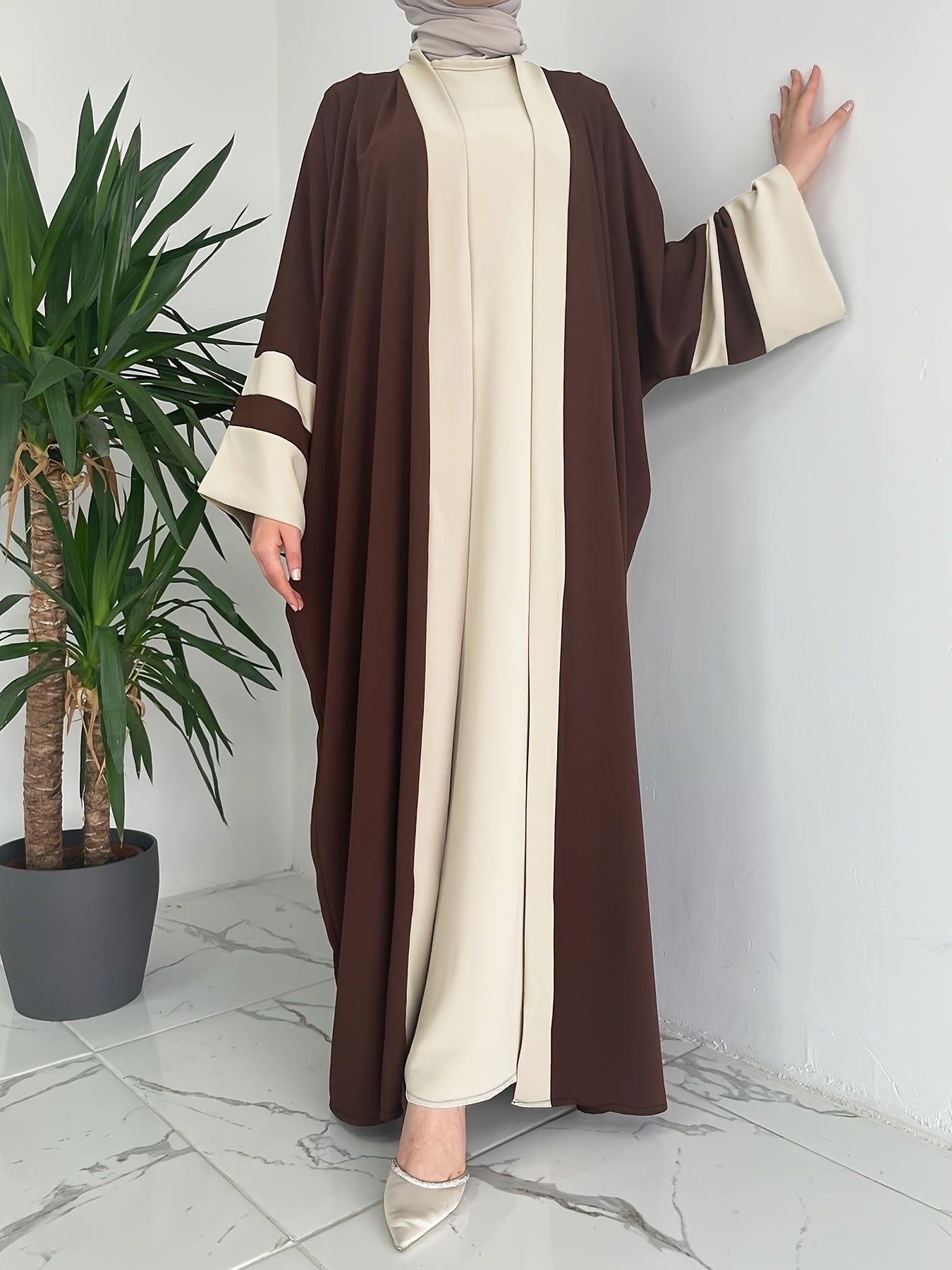 Women'S Middle Eastern Muslim Minimalist Solid Color Long Sleeveless Vest Dress + Contrast Color Long Cardigan Jacket Casual Fashion Party Vacation Versatile Two-Piece Set, Elegant Style, All-Season Wear, Modest Apparel, Eleg
