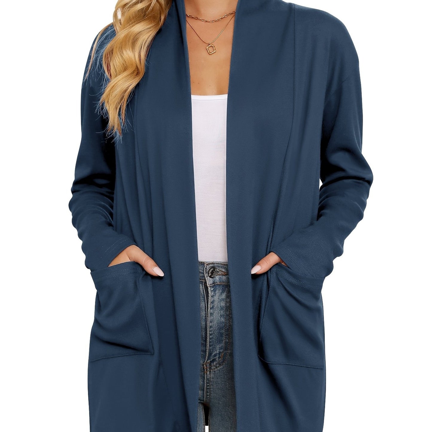 Spring & Autumn Women's Casual Solid Color Cardigan – Open Placket with Double Pocket Design