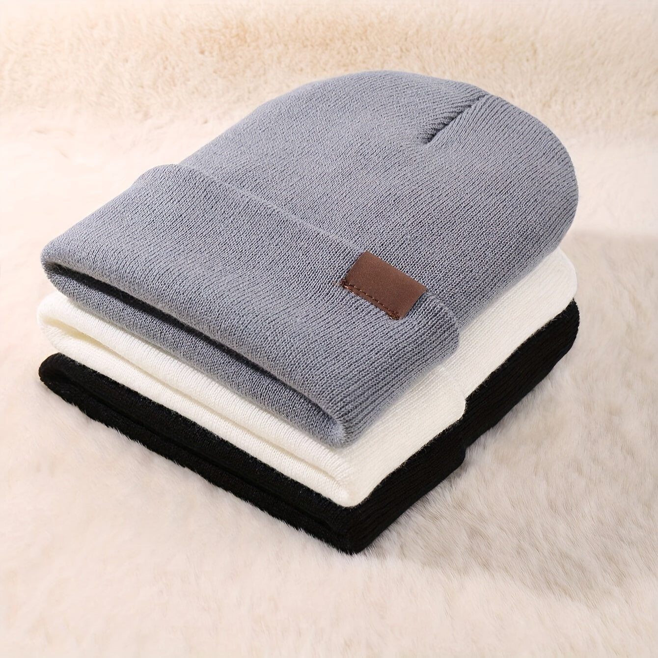 3pcs Beanie Hats – Warm, Lightweight, Elastic Knit