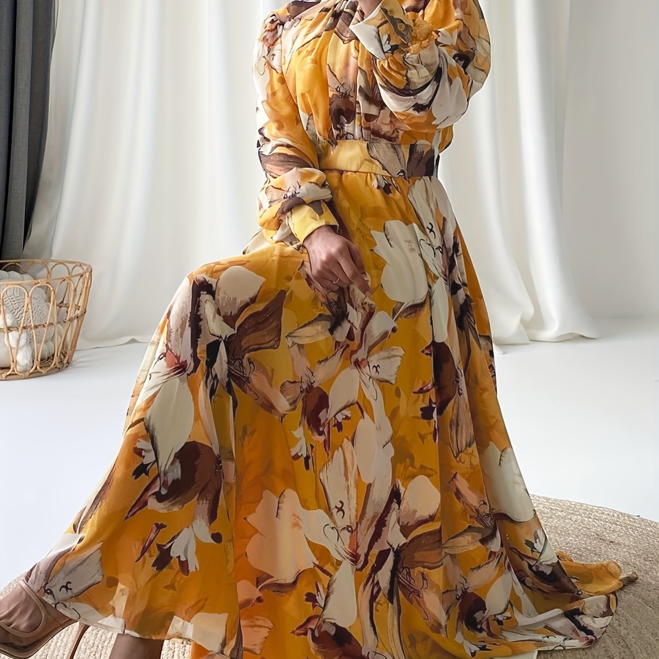 Elegant Chiffon Maxi Dress for Women - Color Block, Long Sleeve with Button Detail, Machine Washable - Perfect for Ramadan & All Seasons