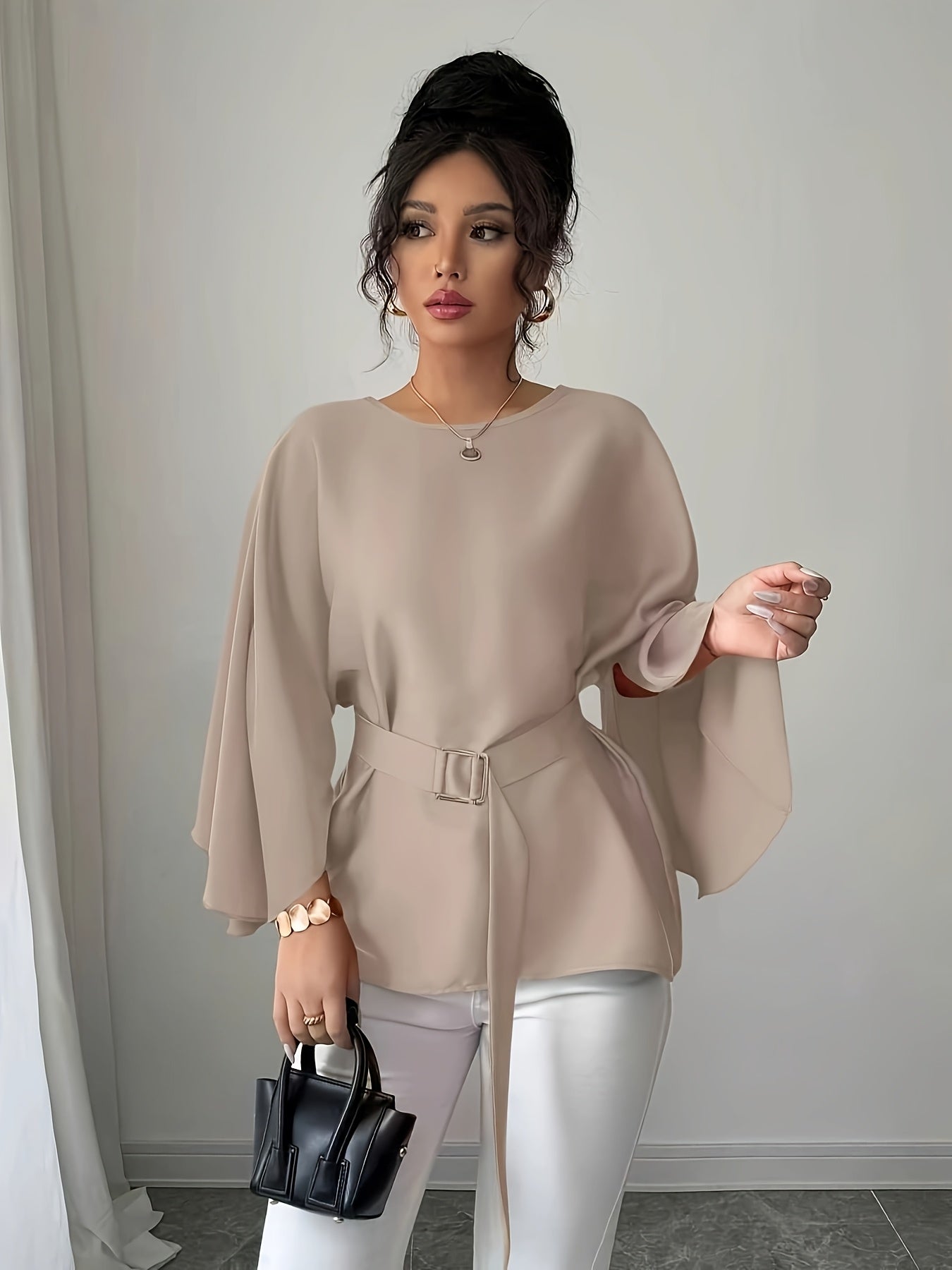 Red Women's French Blouse - Elegant Batwing Sleeves, Belted Waist, Non-See-Through Fabric for Formal & Everyday Outfits - Spring/Autumn Blouse, Lightweight Material, Smooth Texture Top, Round Neck Design, Casual Chic Top, Pro