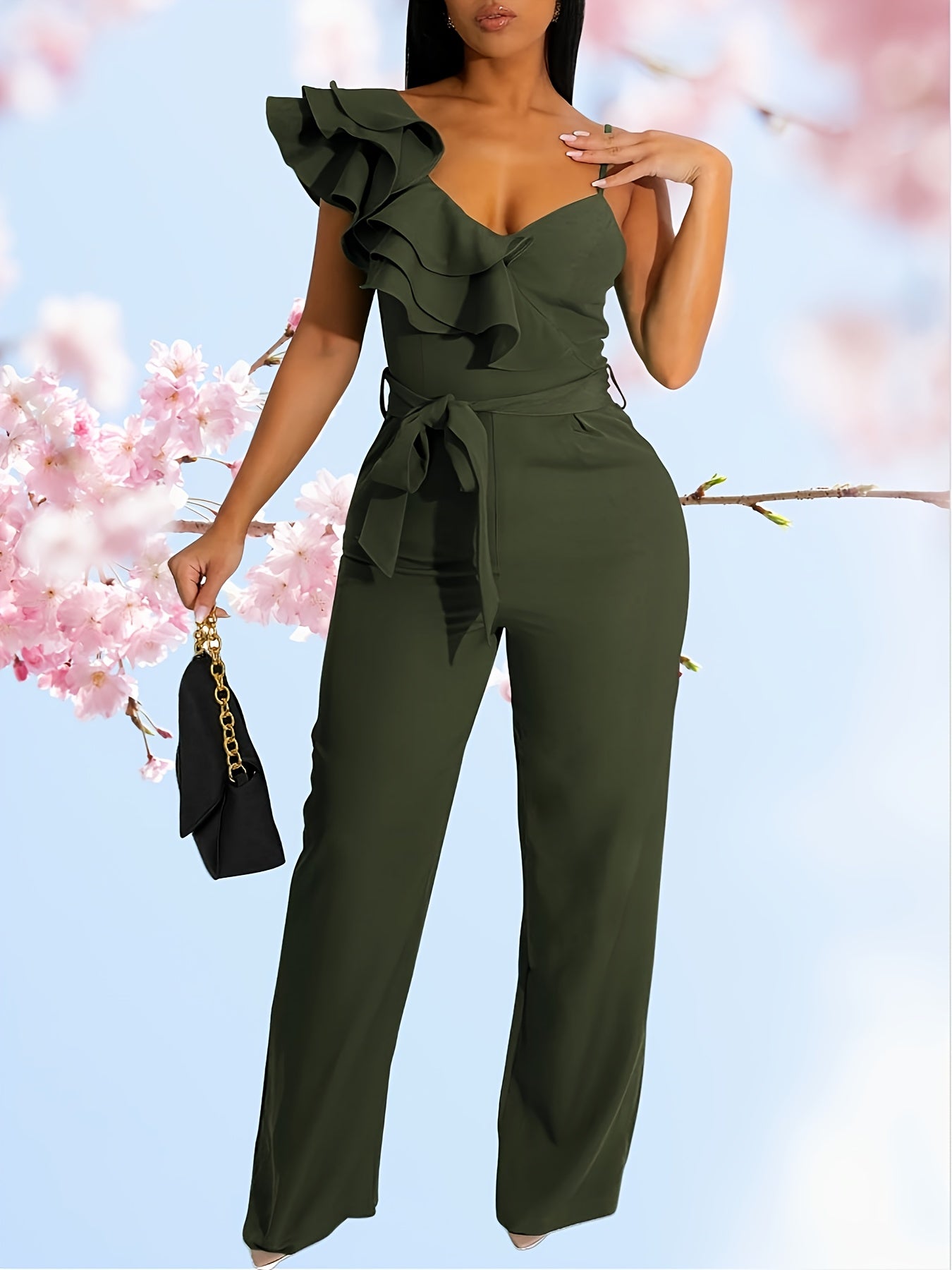 Womens Jumpsuits Ruffle Backless V-Neck Sleeveless Casual Belted Wide Leg Pant Romper Party Clubwear