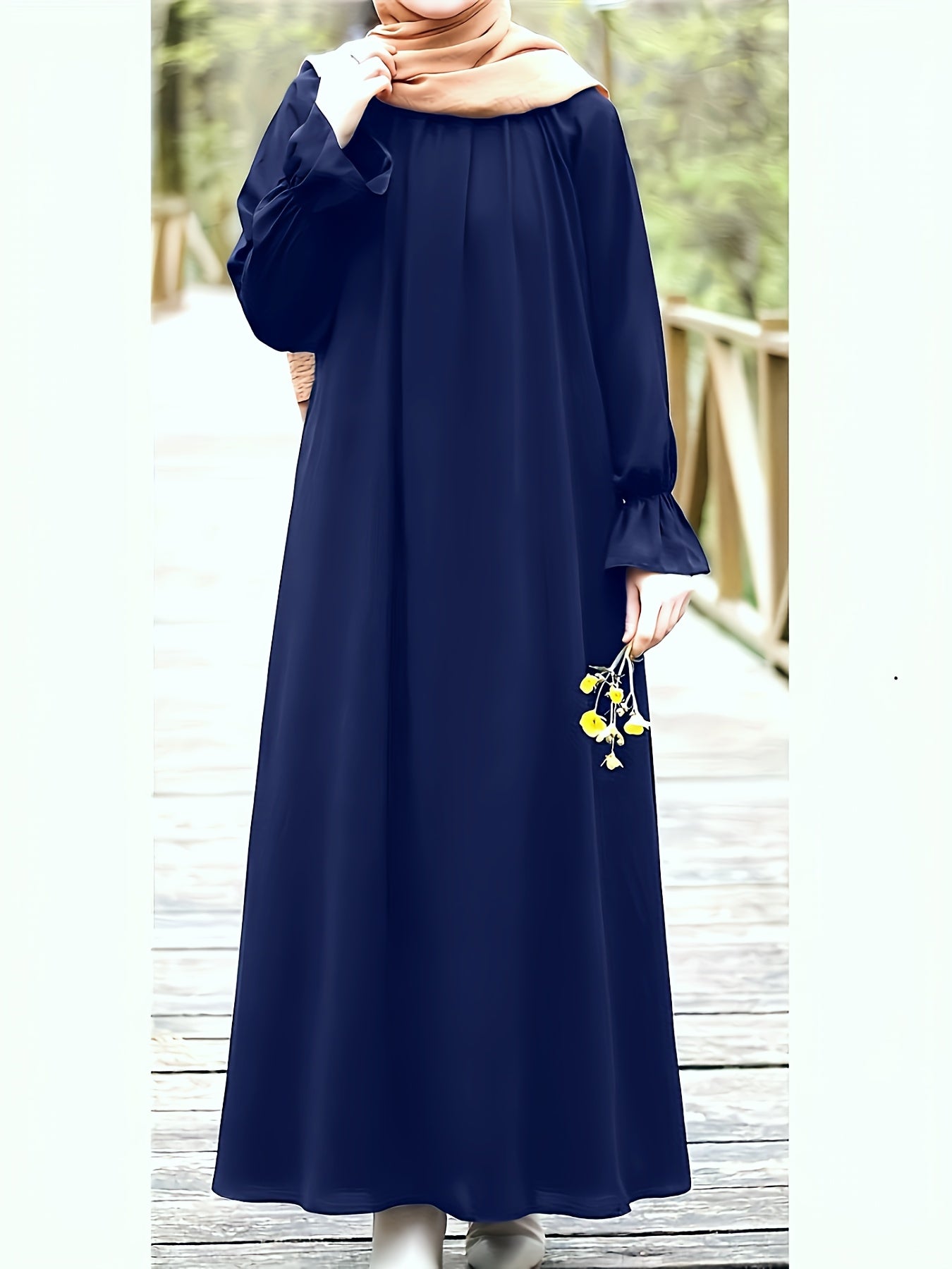 Women'S Navy Blue Long Tunic Dress with Puff Sleeves - Comfortable, Solid Color, All-Season Wear, Casual Style, Casual Attire | Puff Sleeve Top | Flowy Fabric