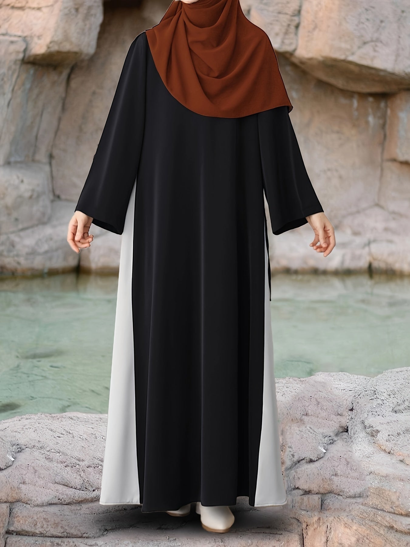 1pc Muslim Abaya Dress Long Sleeve Loose Fit A-Line with Black & White Color-Blocking & Orange Accents - Middle Eastern Elegance Adjustable Side Drawstring for Prayer, Casual, All-Season Wear (No Headscarf Included), Muslim D