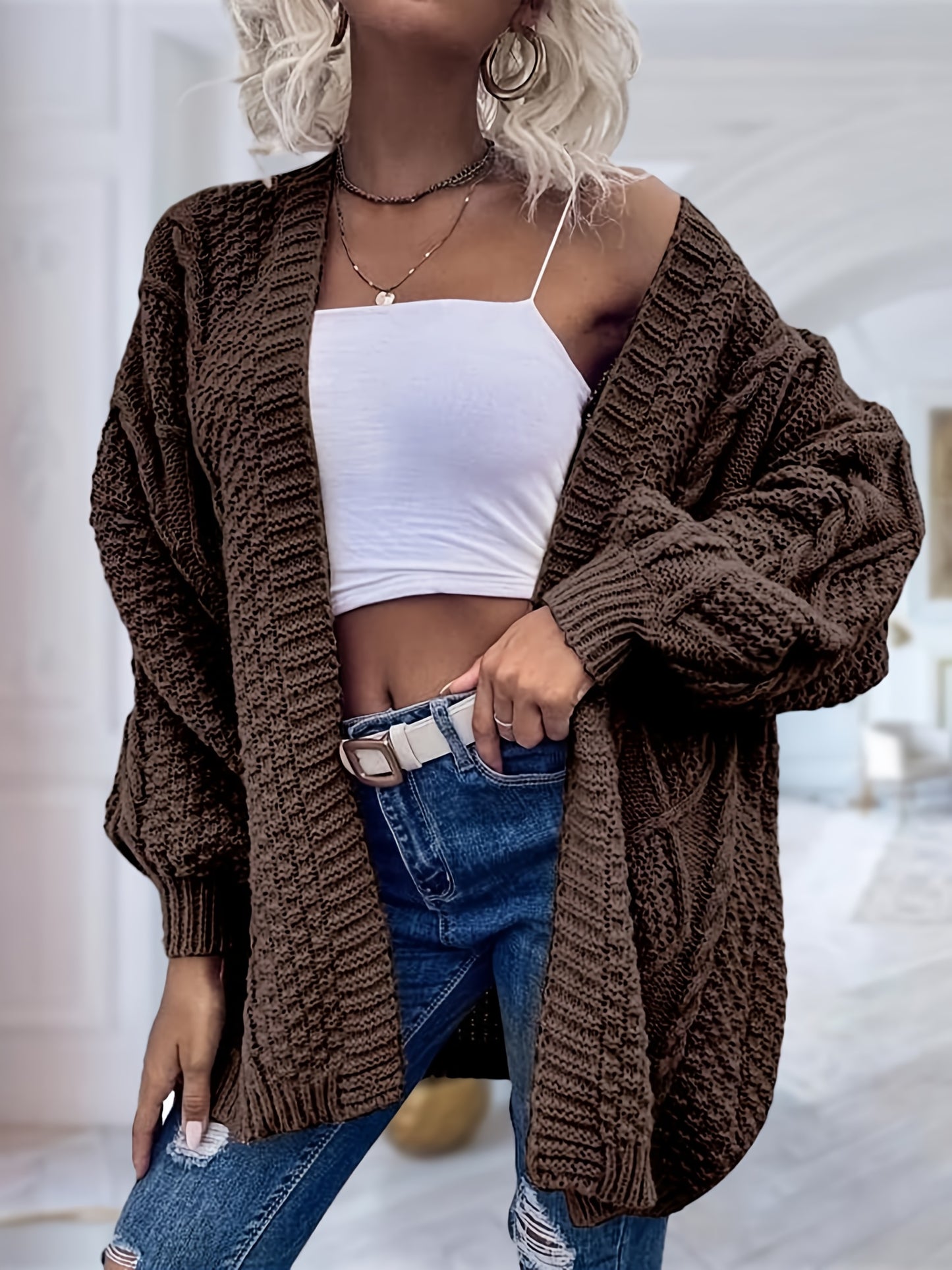 Women's Oversized Chunky Cable Cardigan Sweater Coat - Soft Pink Open Front Long Sleeve Winter Coat with Button-Free Closure, Cozy Fall & Winter Sweater for Casual Semi-Formal Outfits