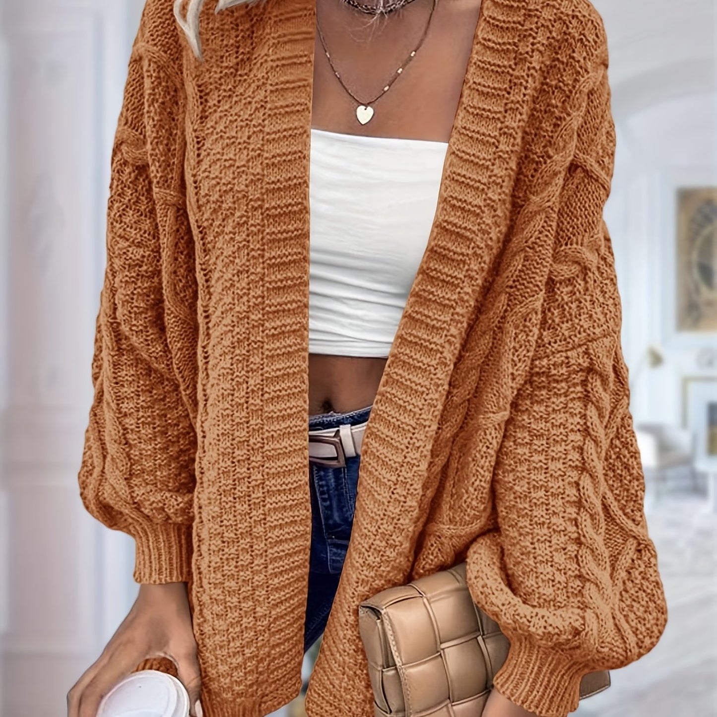 Women's Oversized Chunky Cable Cardigan Sweater Coat - Soft Pink Open Front Long Sleeve Winter Coat with Button-Free Closure, Cozy Fall & Winter Sweater for Casual Semi-Formal Outfits