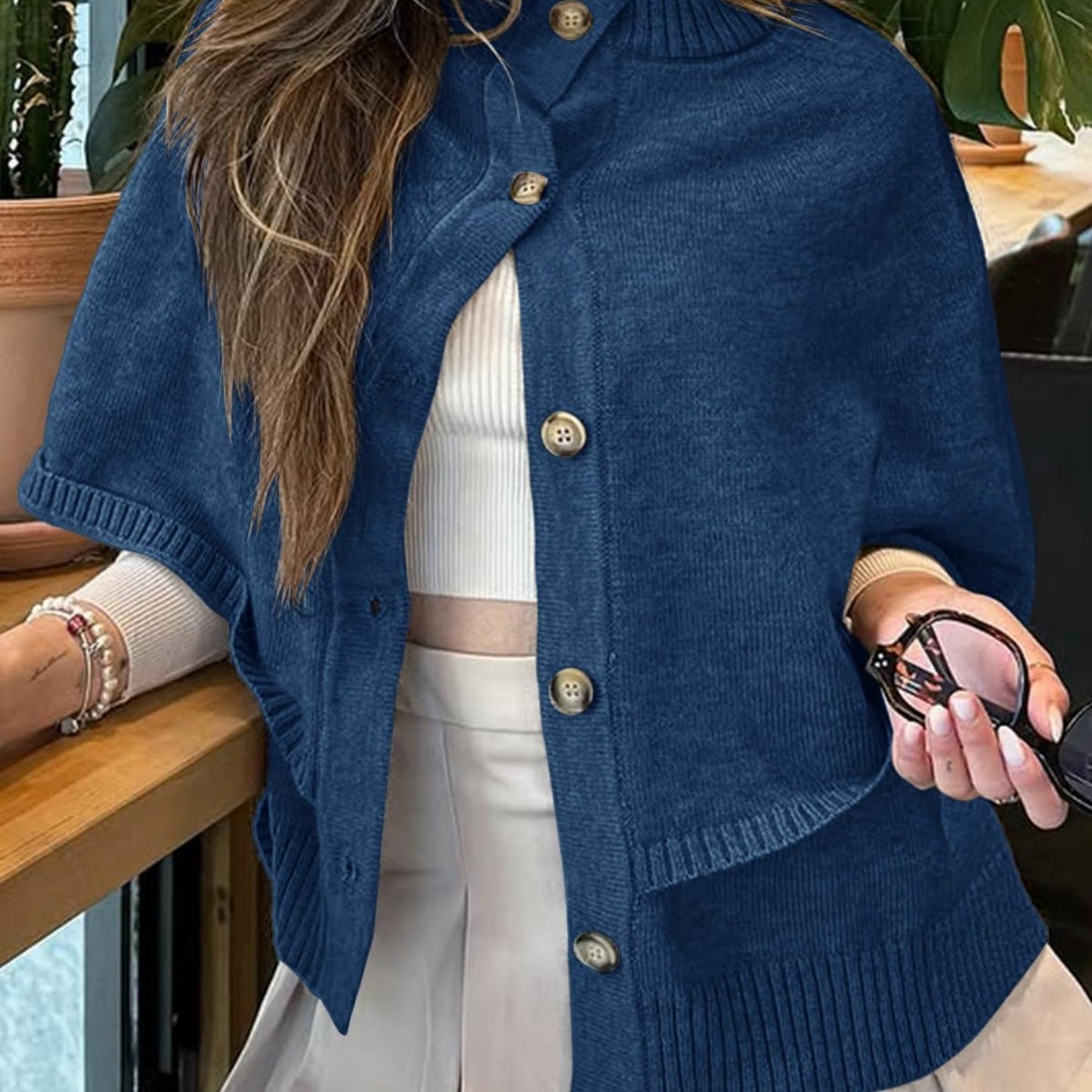 Women's Elegant Soft Pink Oversized Cape Cardigan - Fall Winter Sweater Coat with Button Front Closure, Long Sleeve Crew Neck & H-Line Silhouette, Medium Stretch for Casual to Formal Outfits