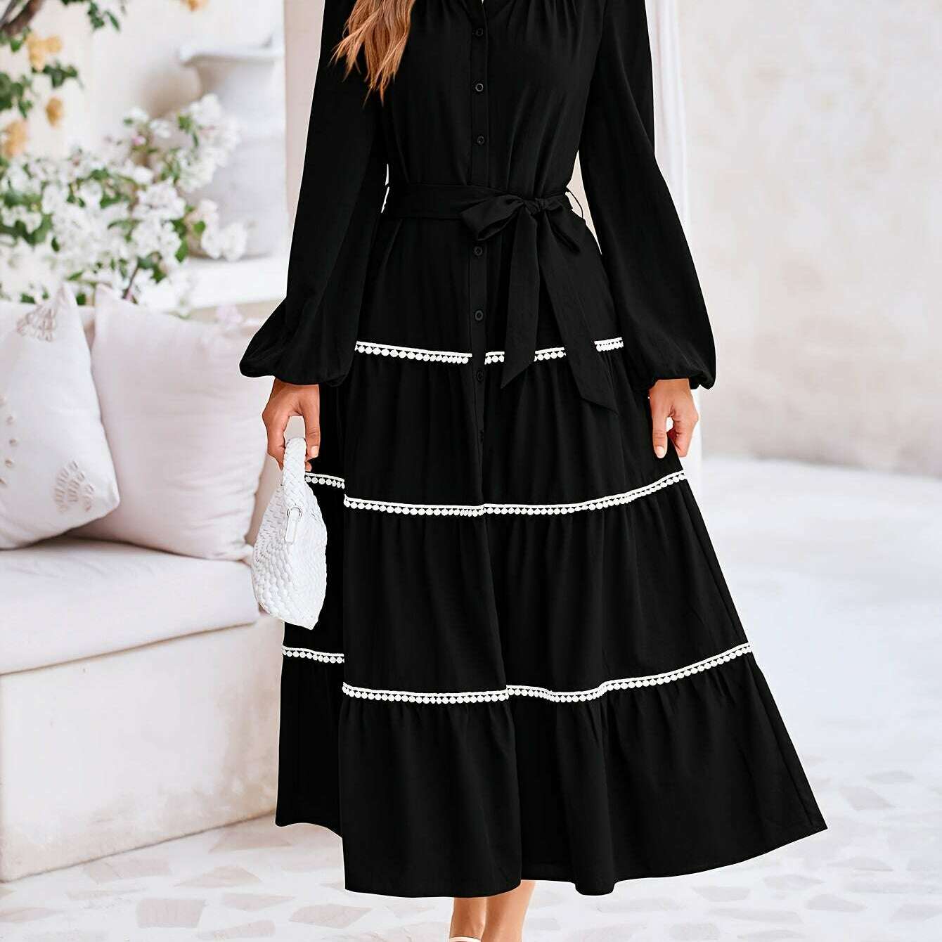 Women'S Spring Casual Dress Loose Drawstring Lantern Sleeve Long Sleeve Tier Dress With Pockets