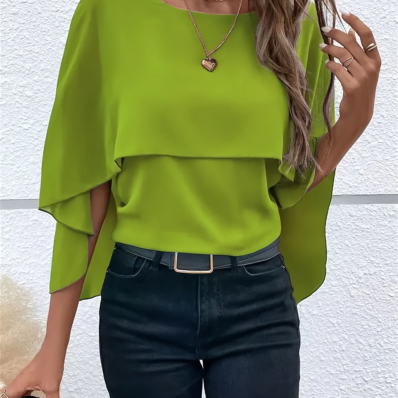 Solid Color Layered Cape Sleeve Shirt, Versatile Round Neck Shirt For Spring And Autumn, Women'S Clothing