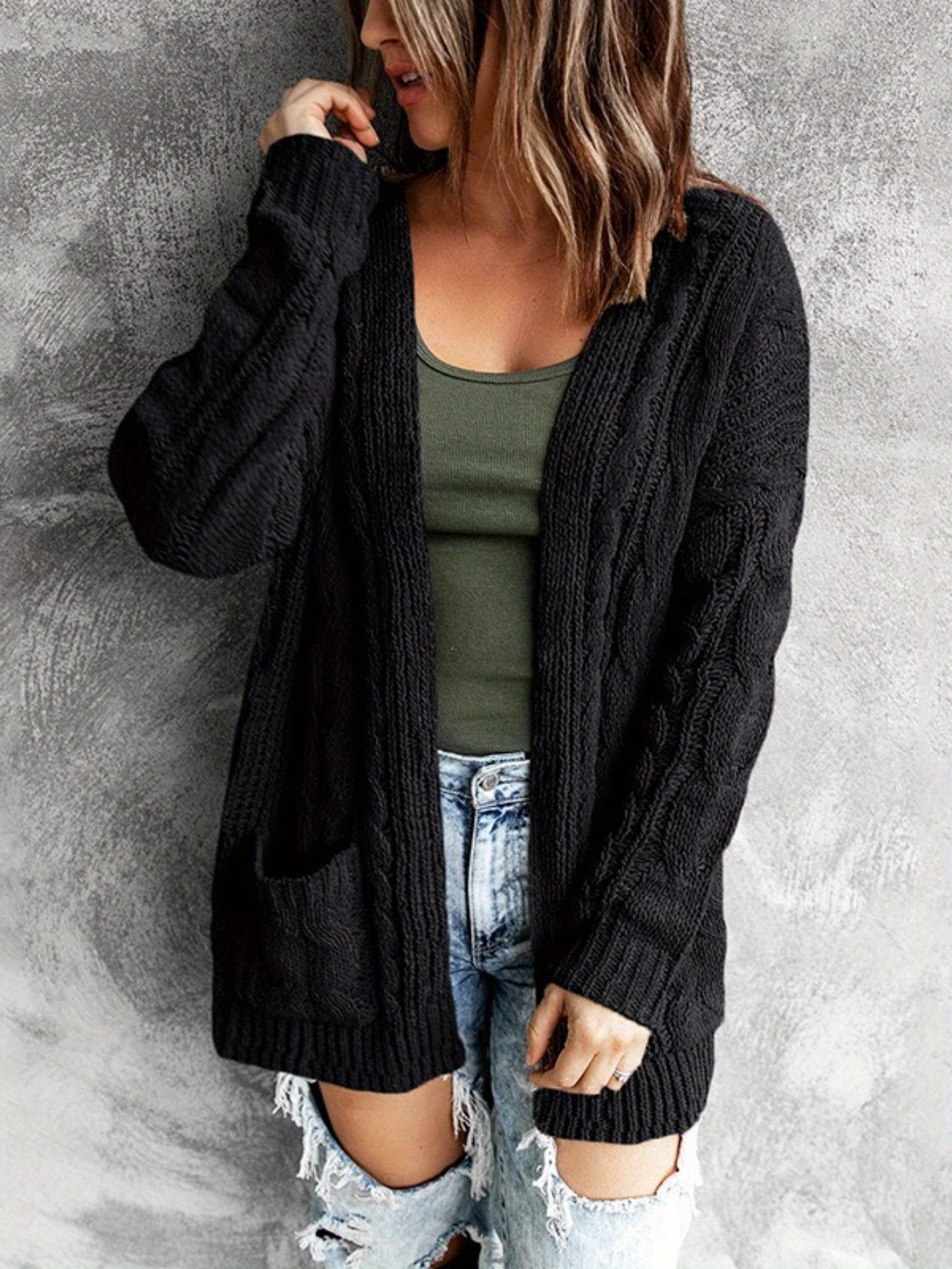 Women'S Elegant Cable Cardigan - Open Front Sweater with Side Pockets, Soft Sweater for Fall/Winter, Office, Party, Everyday Outfits - Women'S Sweater, Ladies Sweaters, Fall Wardrobe, Classic Knitwear, Cozy Material, Versatil